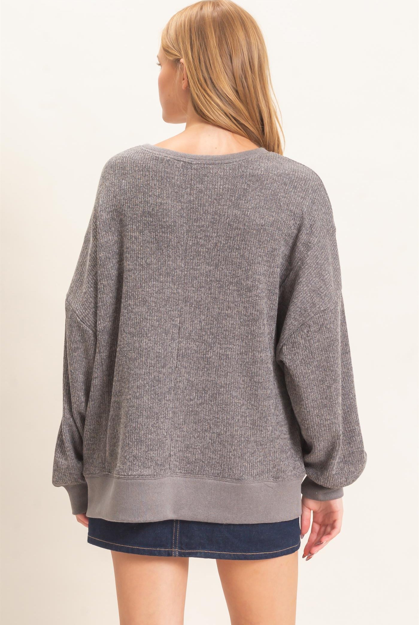 Wholesale Ribbed Boat Neck Knit Top Clothing Tops HF26E852 GRAY HYFVE