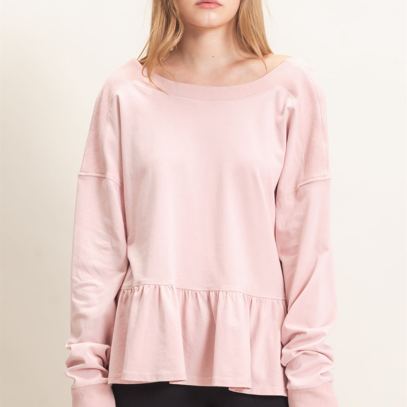 Wholesale Ruffled Hem Long Sleeve Top Clothing Tops HF26E065 PALE BLUSH HYFVE