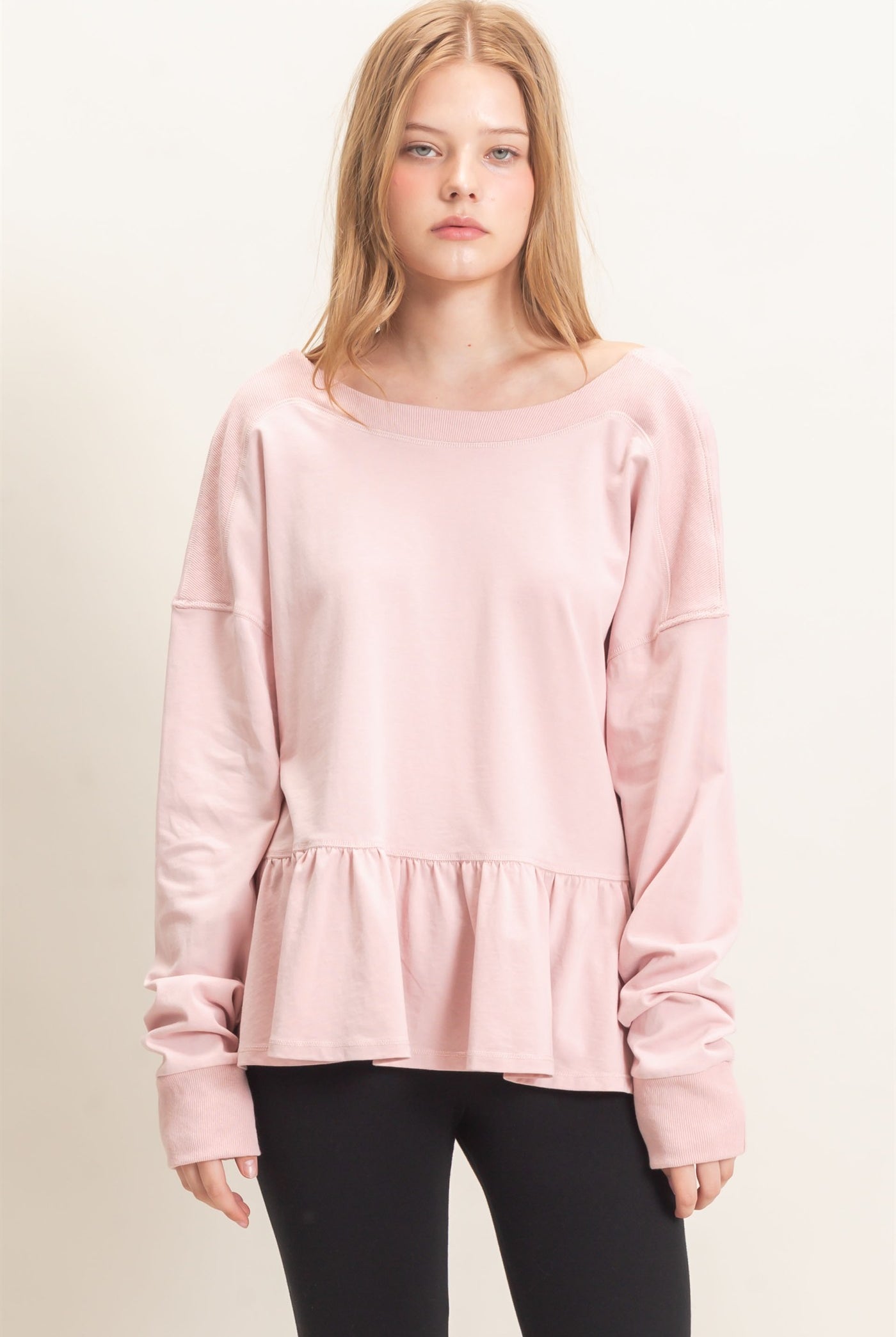Wholesale Ruffled Hem Long Sleeve Top Clothing Tops HF26E065 PALE BLUSH HYFVE