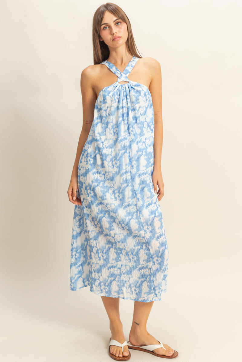 Wholesale Halter Cross Neck Backless Maxi Dress Dresses HF22E496 BLUE HYFVE
