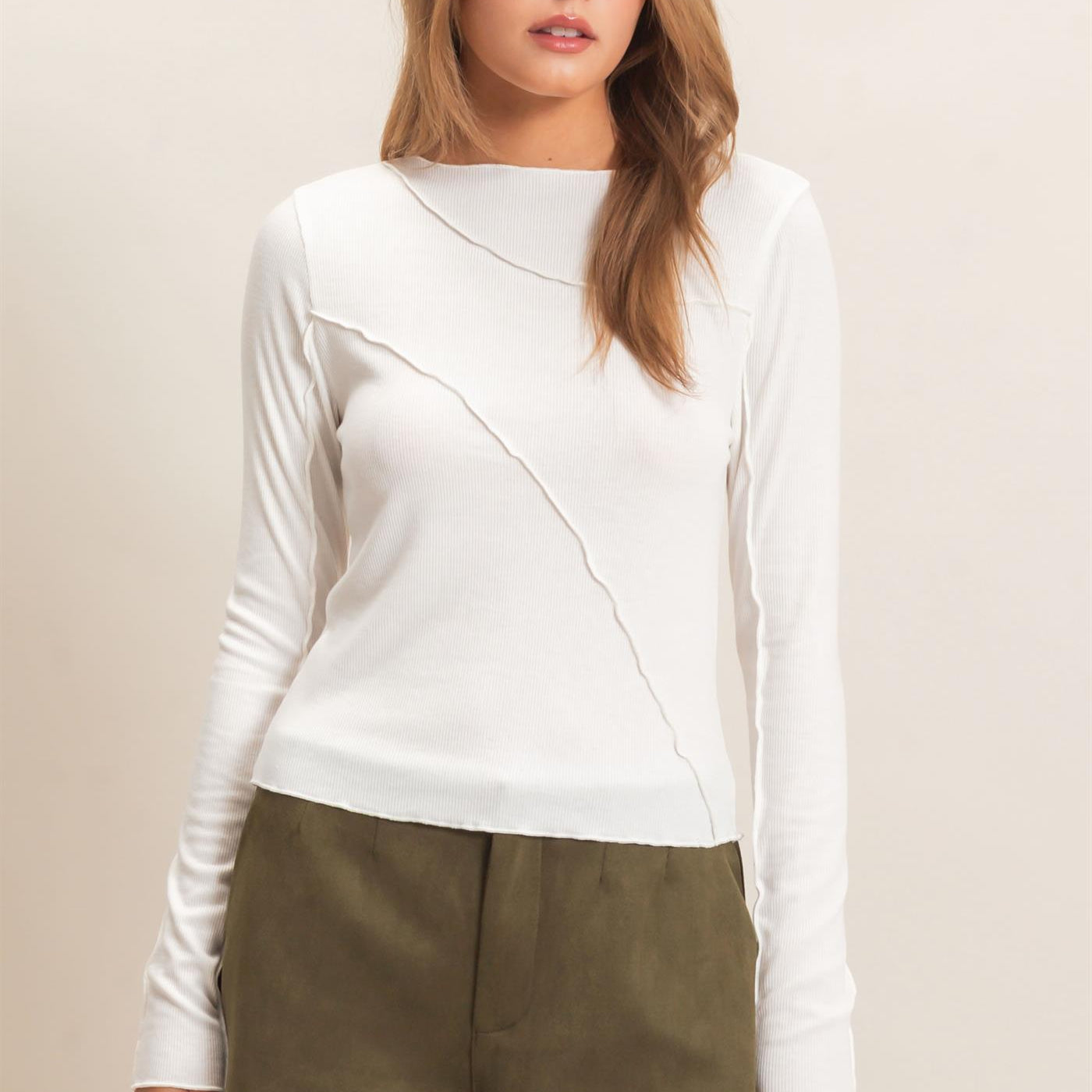 Wholesale Ruffled Ribbed Long Sleeve Top Clothing Tops HF26F085 OFF WHITE HYFVE
