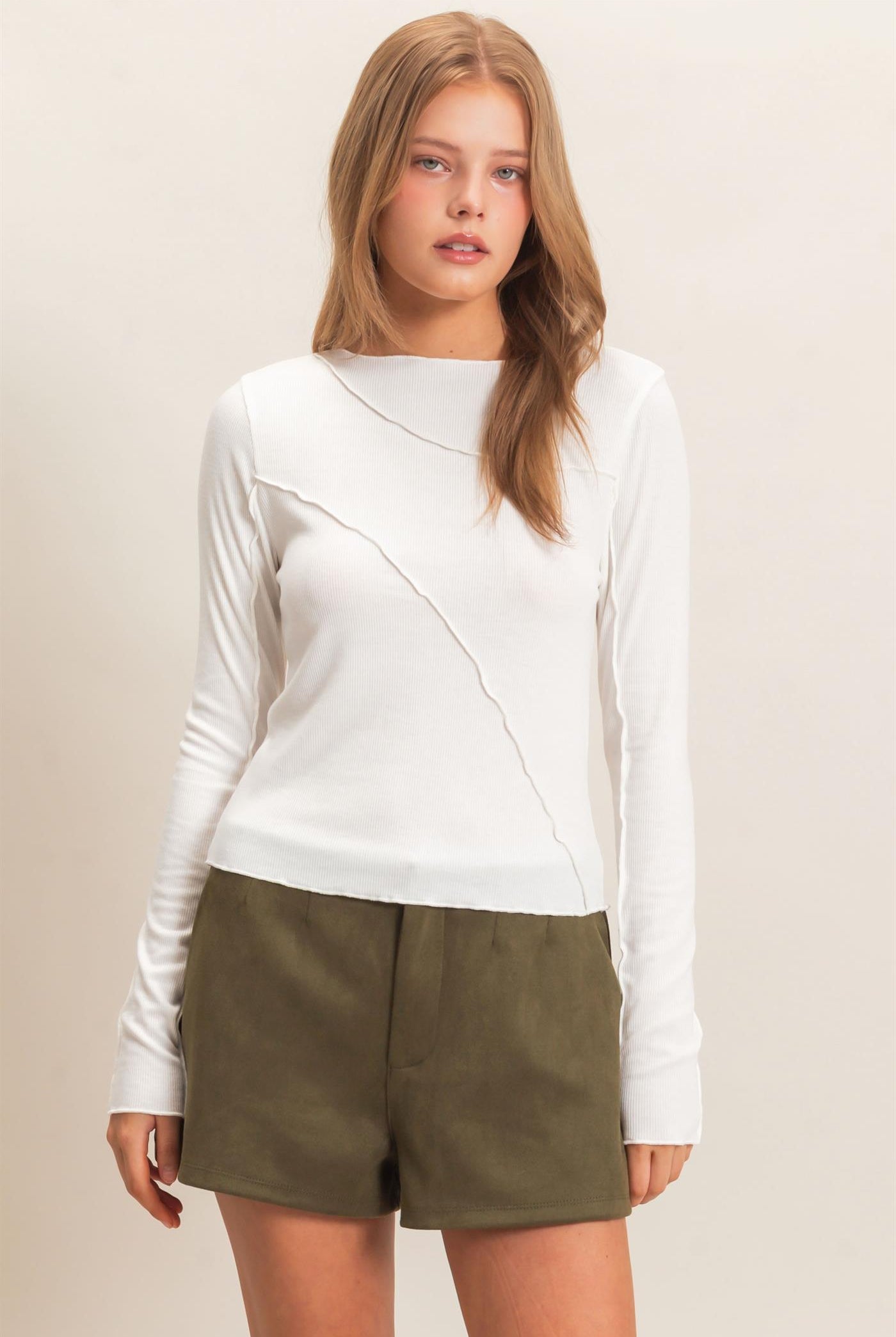 Wholesale Ruffled Ribbed Long Sleeve Top Clothing Tops HF26F085 OFF WHITE HYFVE
