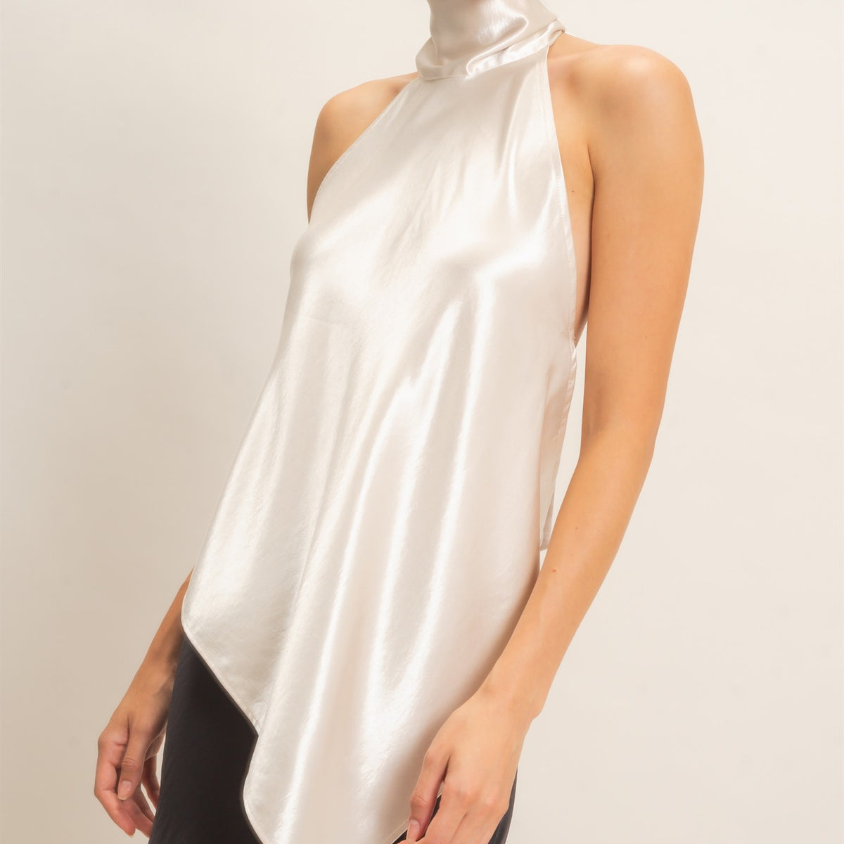 Wholesale Asymmetrical Satin Halter Top Blouses HF26F114 PEARL HYFVE