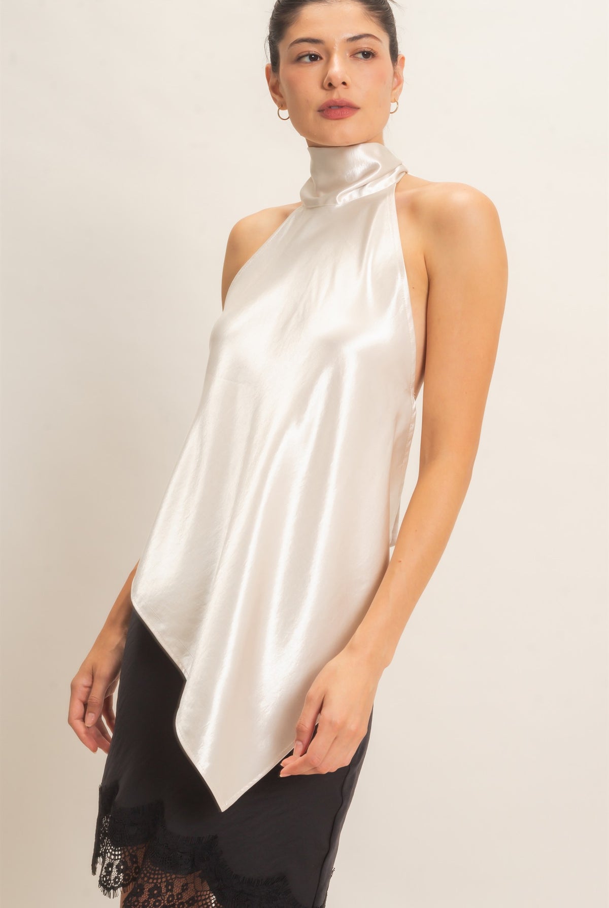 Wholesale Asymmetrical Satin Halter Top Blouses HF26F114 PEARL HYFVE