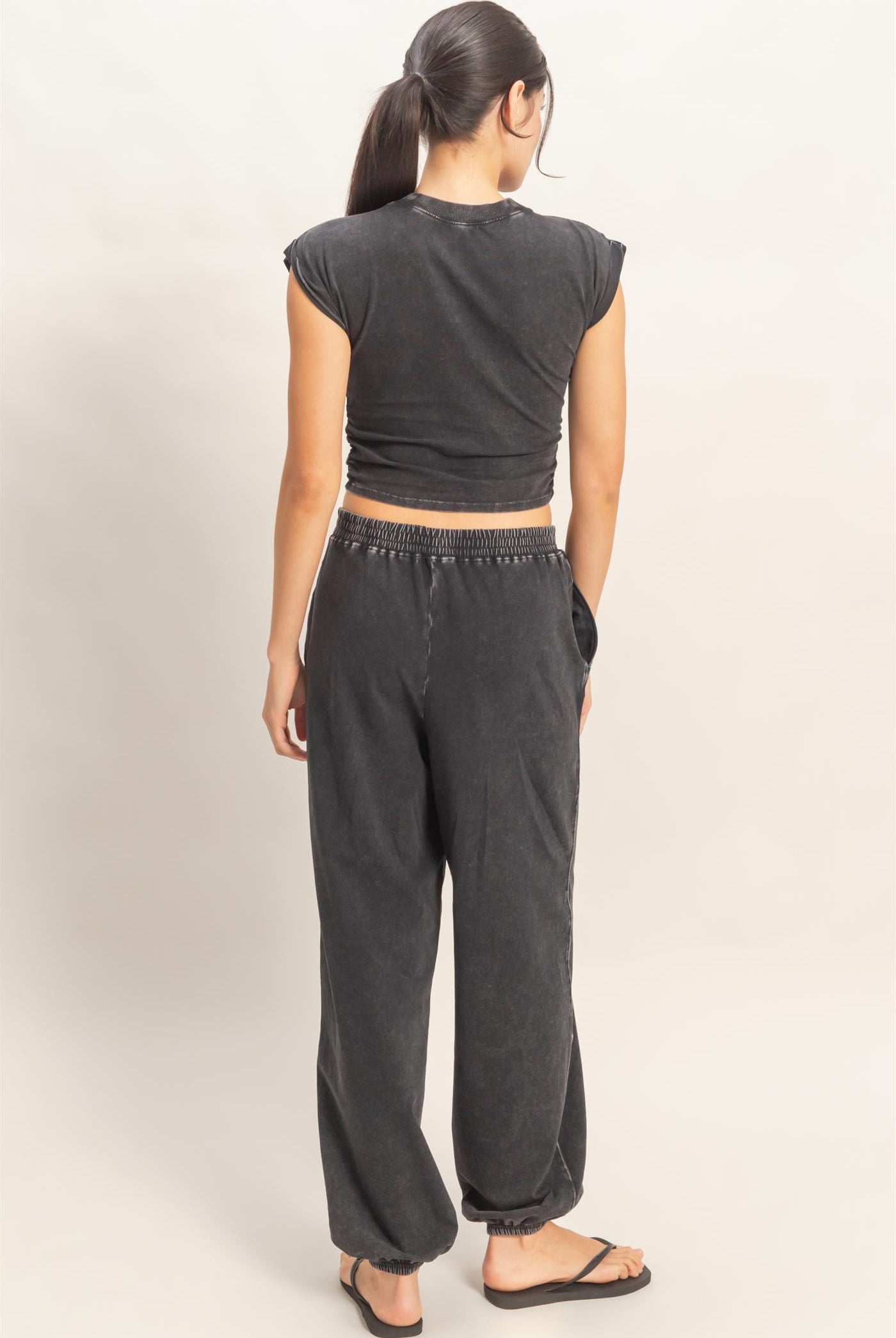 Wholesale Rolled Sleeve Wrap-Front Crop Top And Jogger Set Clothing DZ26A172-SET BLACK DOUBLE ZERO