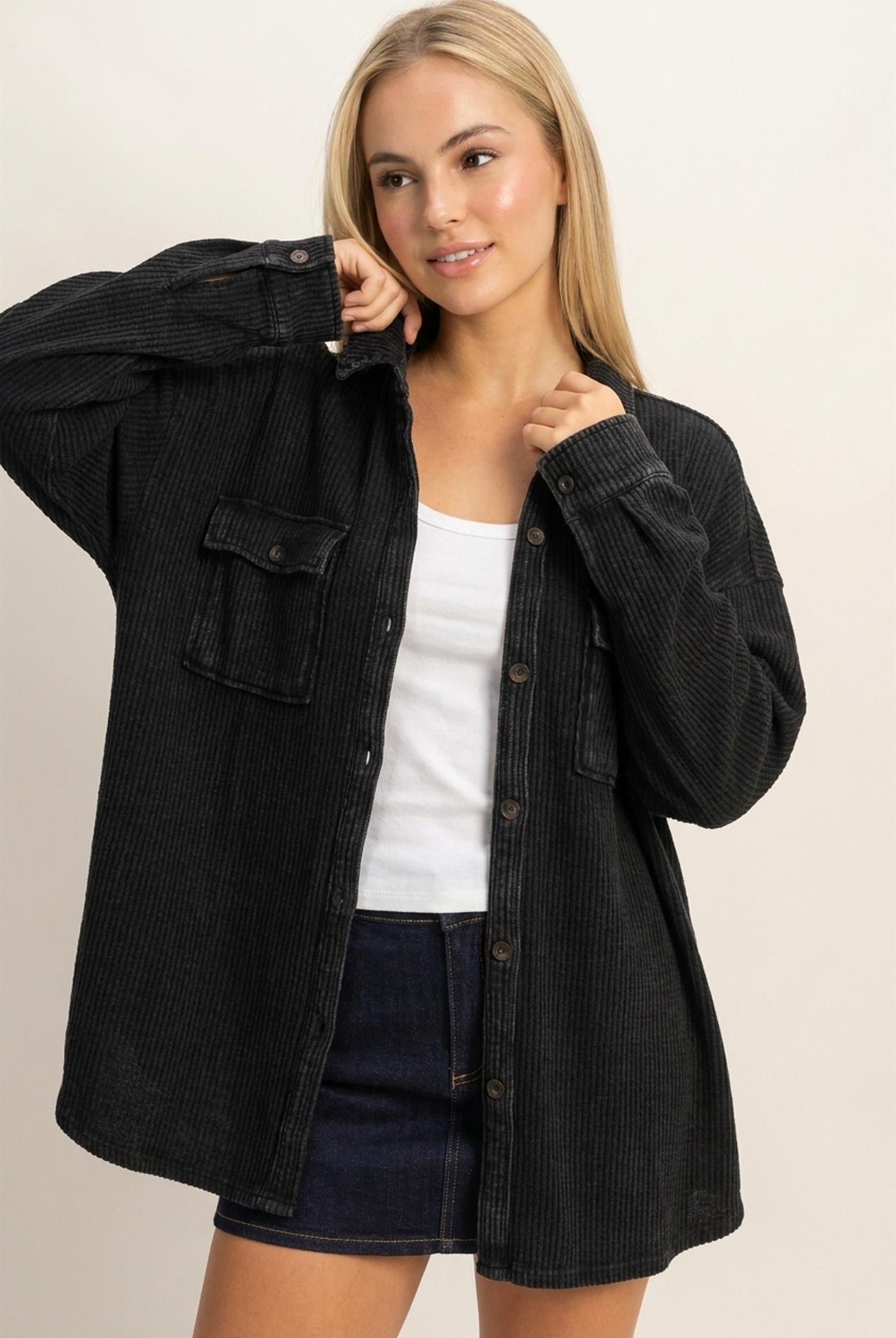 Wholesale Mineral Wash Waffle Knit Button-Up Shacket Coats & Jackets DZ26E249 BLACK DOUBLE ZERO
