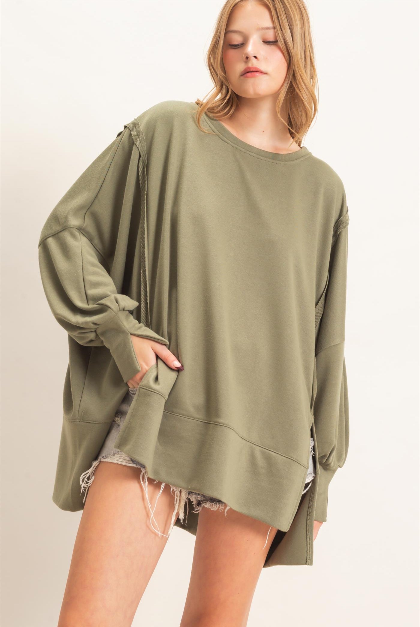 Wholesale Oversized Crew Neck Sweatshirt Sweatshirts HF26F132 OLIVE HYFVE