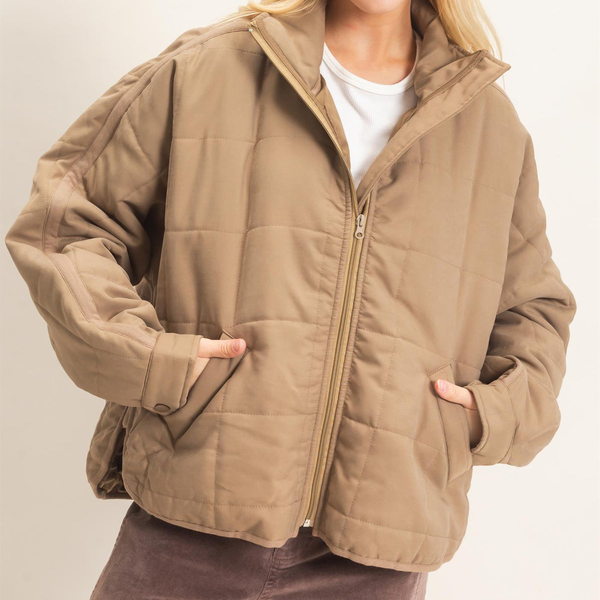 Wholesale Quilted High Collar Jacket Coats & Jackets HF26F167-D OLIVE HYFVE
