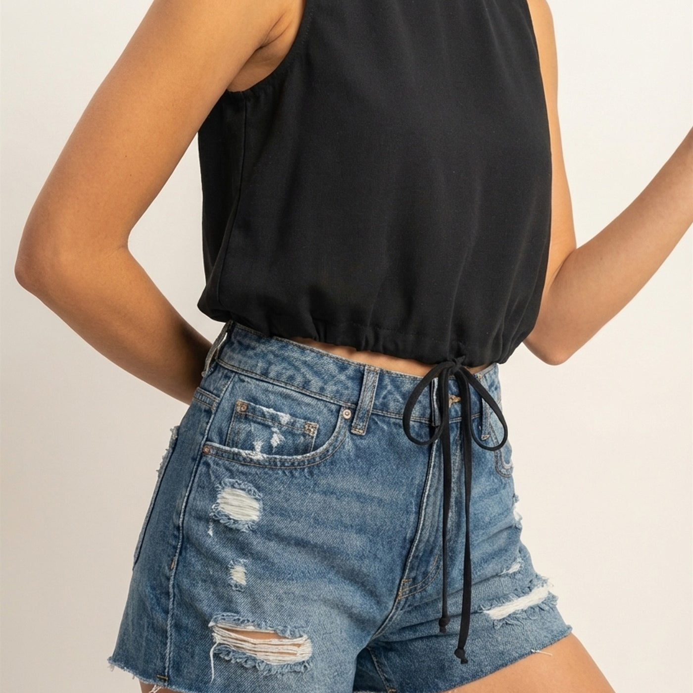 Wholesale Sand Washed Sleeveless Crop Top Clothing Tops DZ25C515 BLACK DOUBLE ZERO