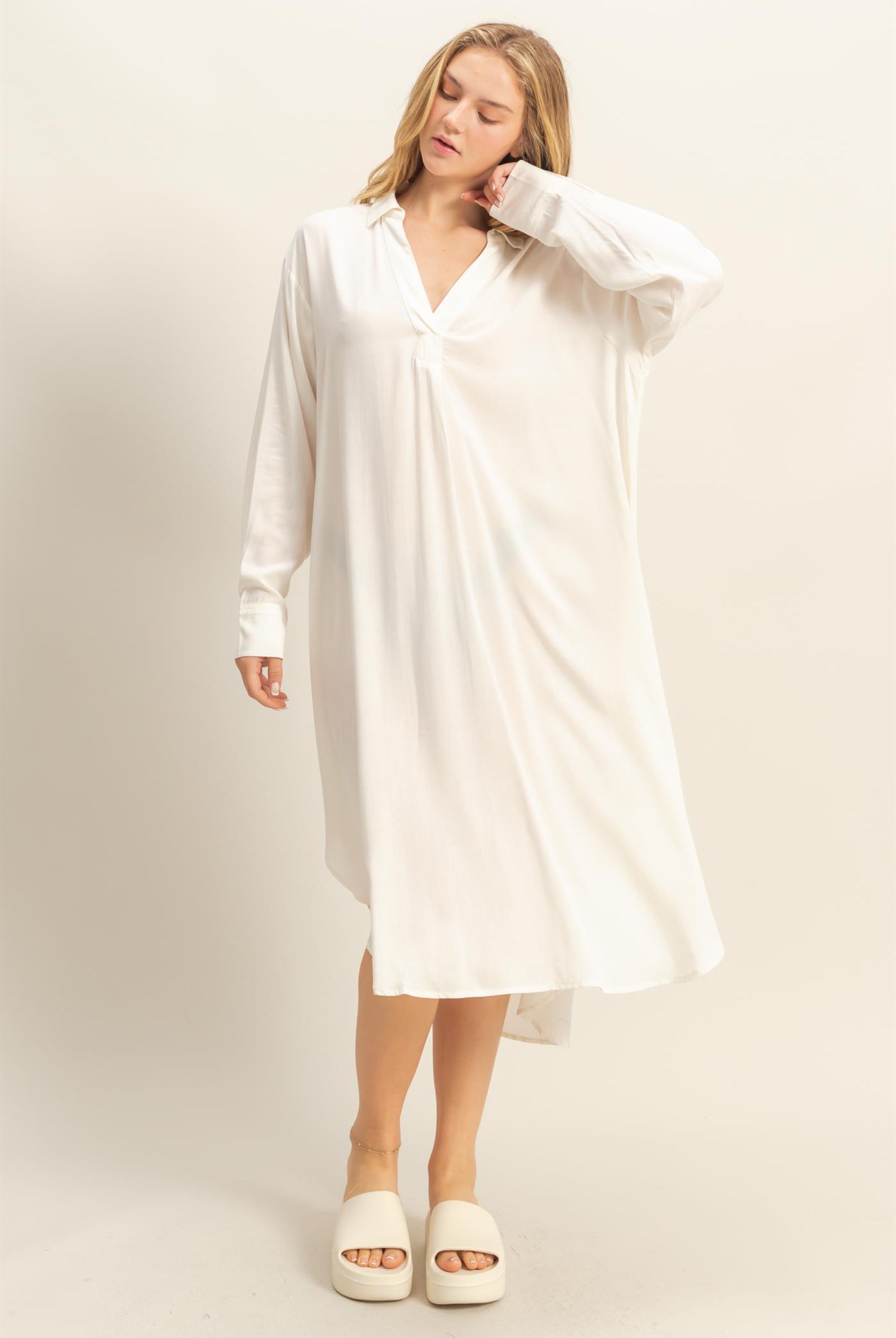 Wholesale V-Neck Long Sleeved Midi Shirts Dress Dresses DZ24E706 WHITE DOUBLE ZERO