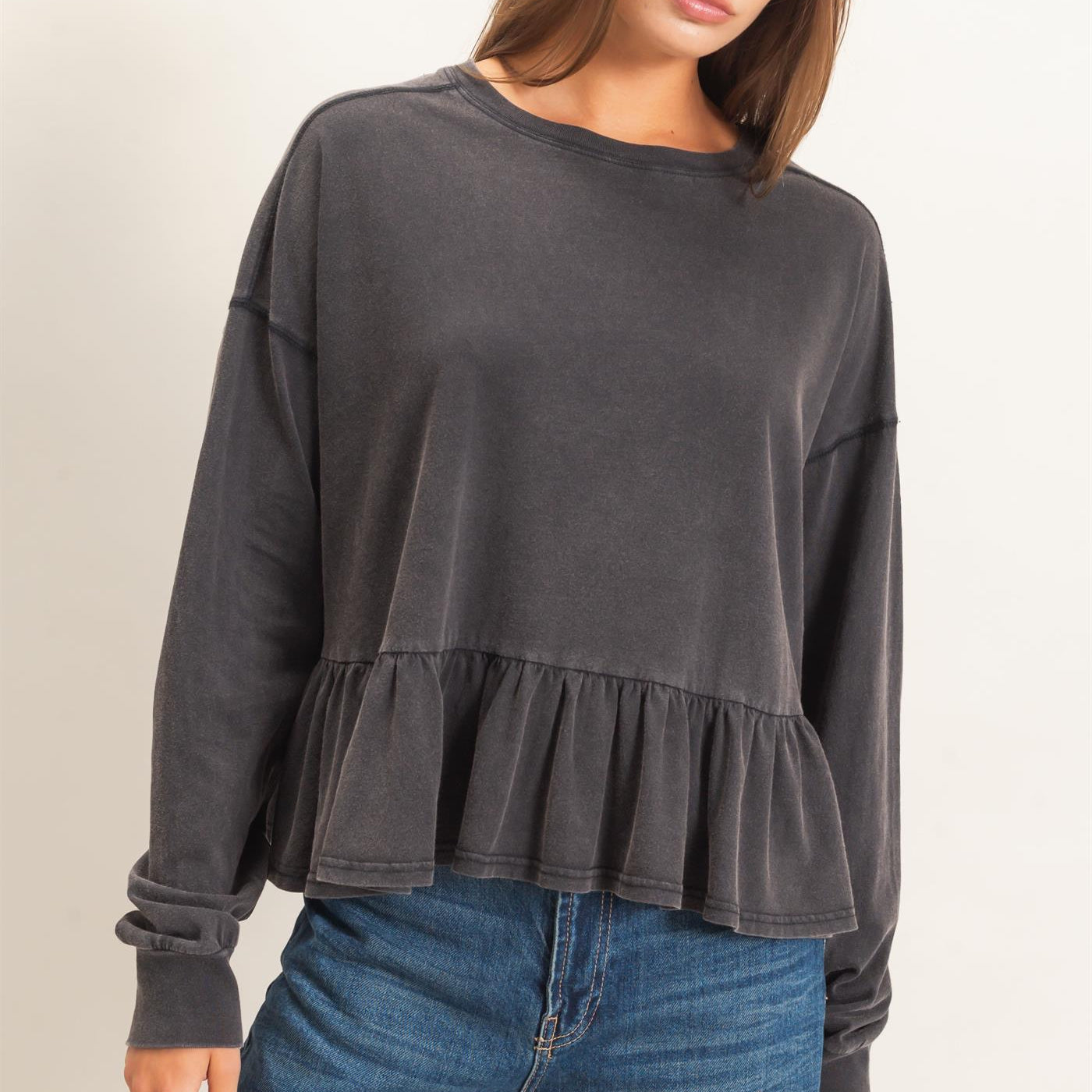 Wholesale Peplum Long Sleeve Top Clothing Tops DZ26F397 BLACK DOUBLE ZERO