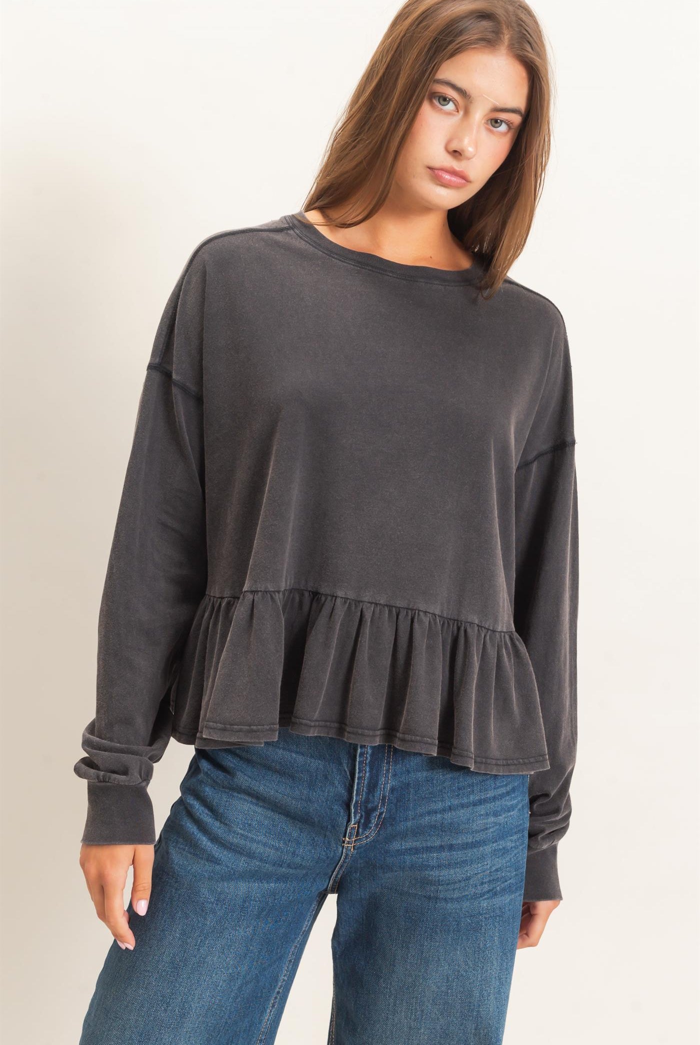 Wholesale Peplum Long Sleeve Top Clothing Tops DZ26F397 BLACK DOUBLE ZERO