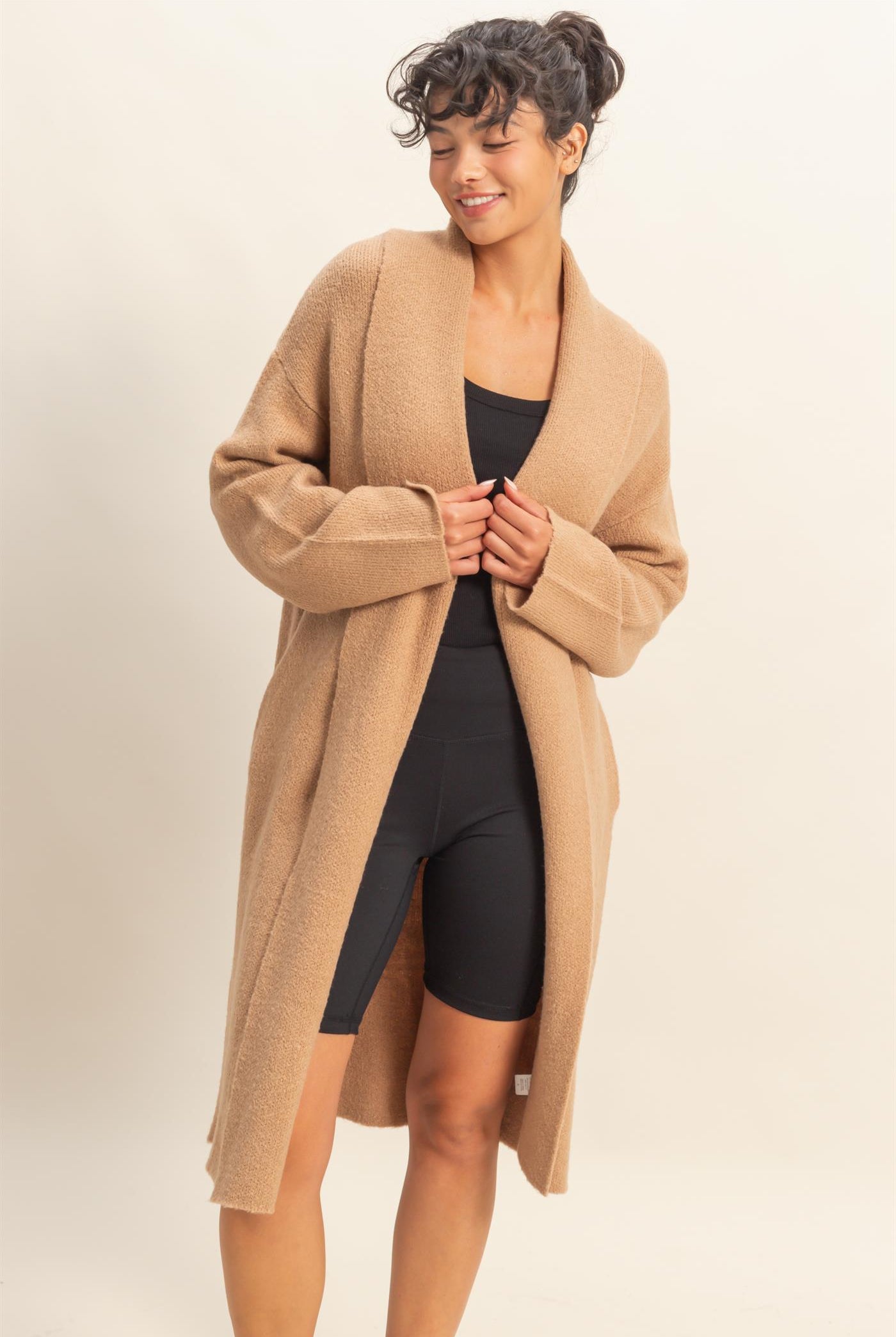 Wholesale Longline Open Front Duster Sweater Cardigans DZ25F435 DARK TAUPE DOUBLE ZERO