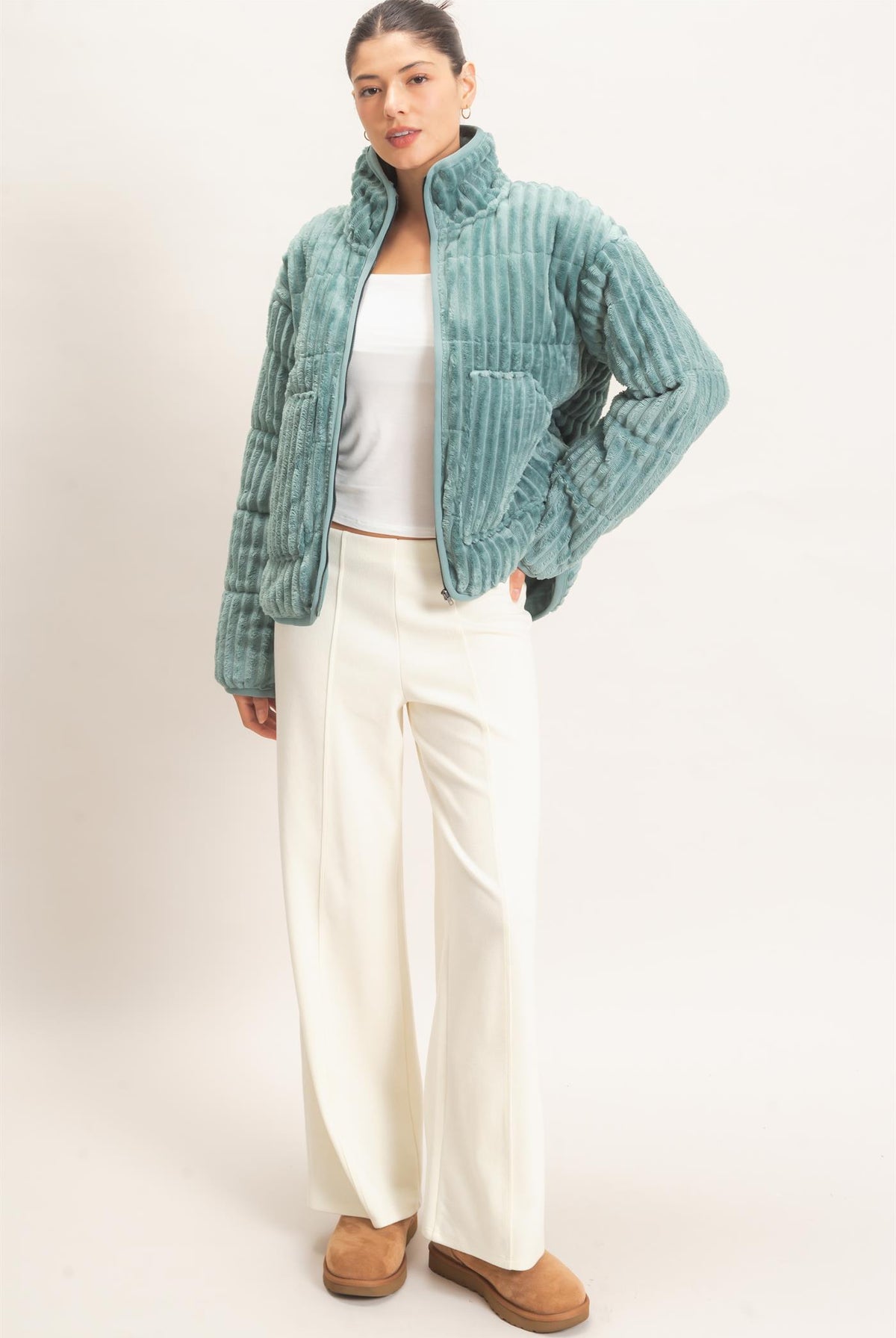 Wholesale Quilted Corduroy Zip-Up Jacket Coats & Jackets HF26E753 LIGHT TEAL HYFVE
