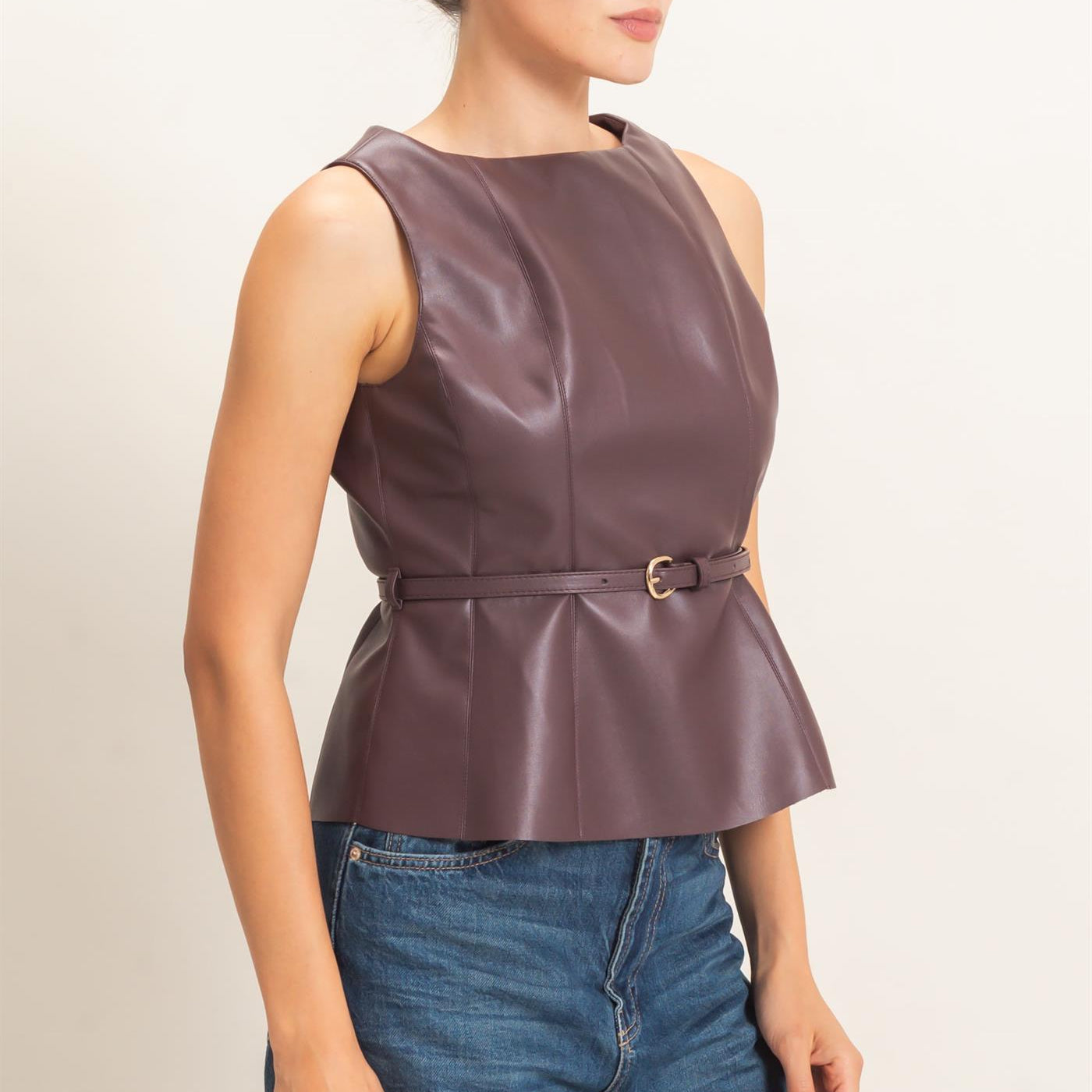 Wholesale Sleek Faux Leather Belted Top Clothing Tops HF26E543 DARK CHERRY HYFVE