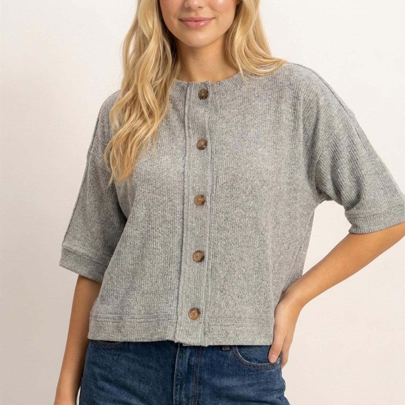 Wholesale Button-Down Short Sleeve Waffle Top Clothing Tops DZ26F244 HEATHER GRAY DOUBLE ZERO
