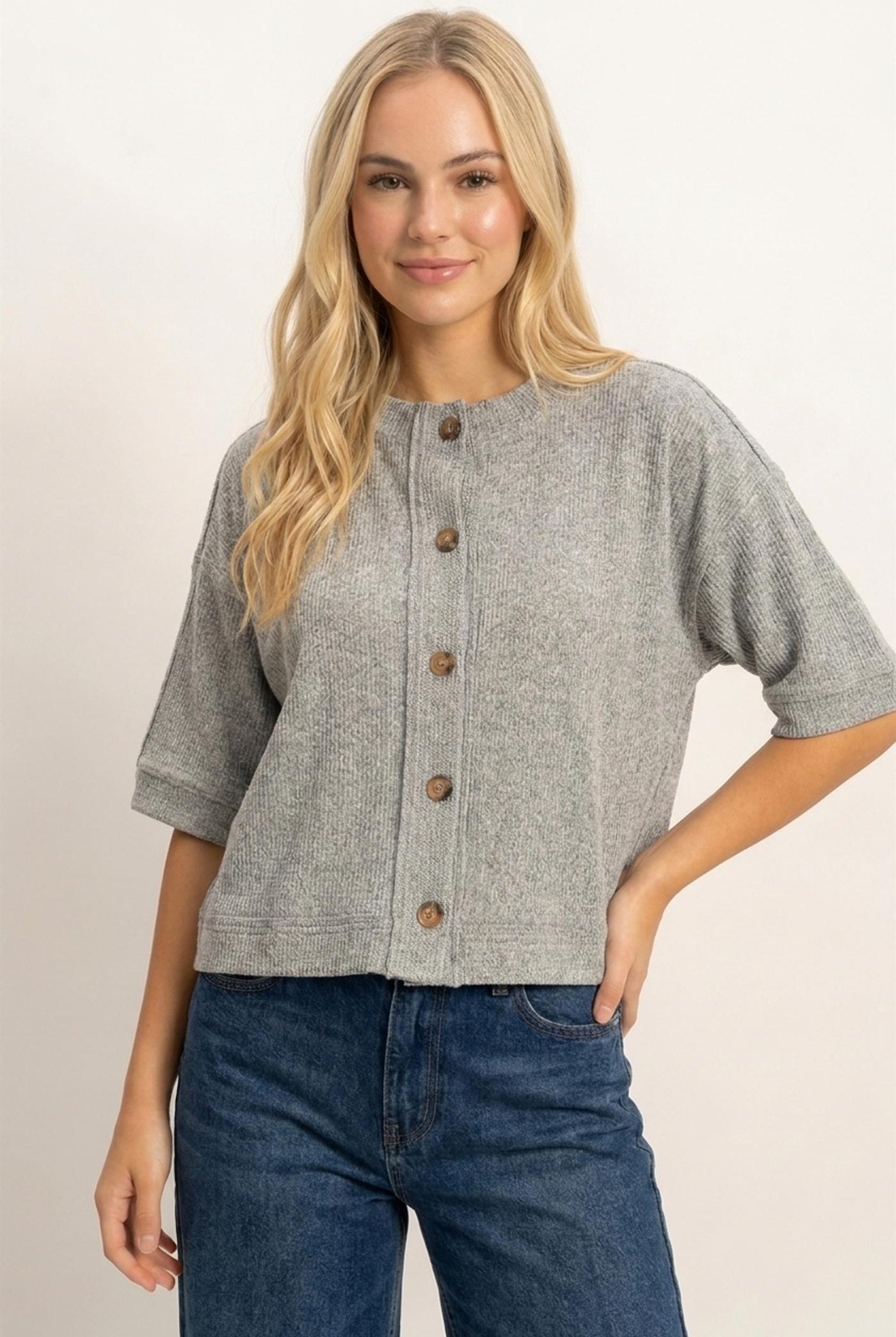 Wholesale Button-Down Short Sleeve Waffle Top Clothing Tops DZ26F244 HEATHER GRAY DOUBLE ZERO