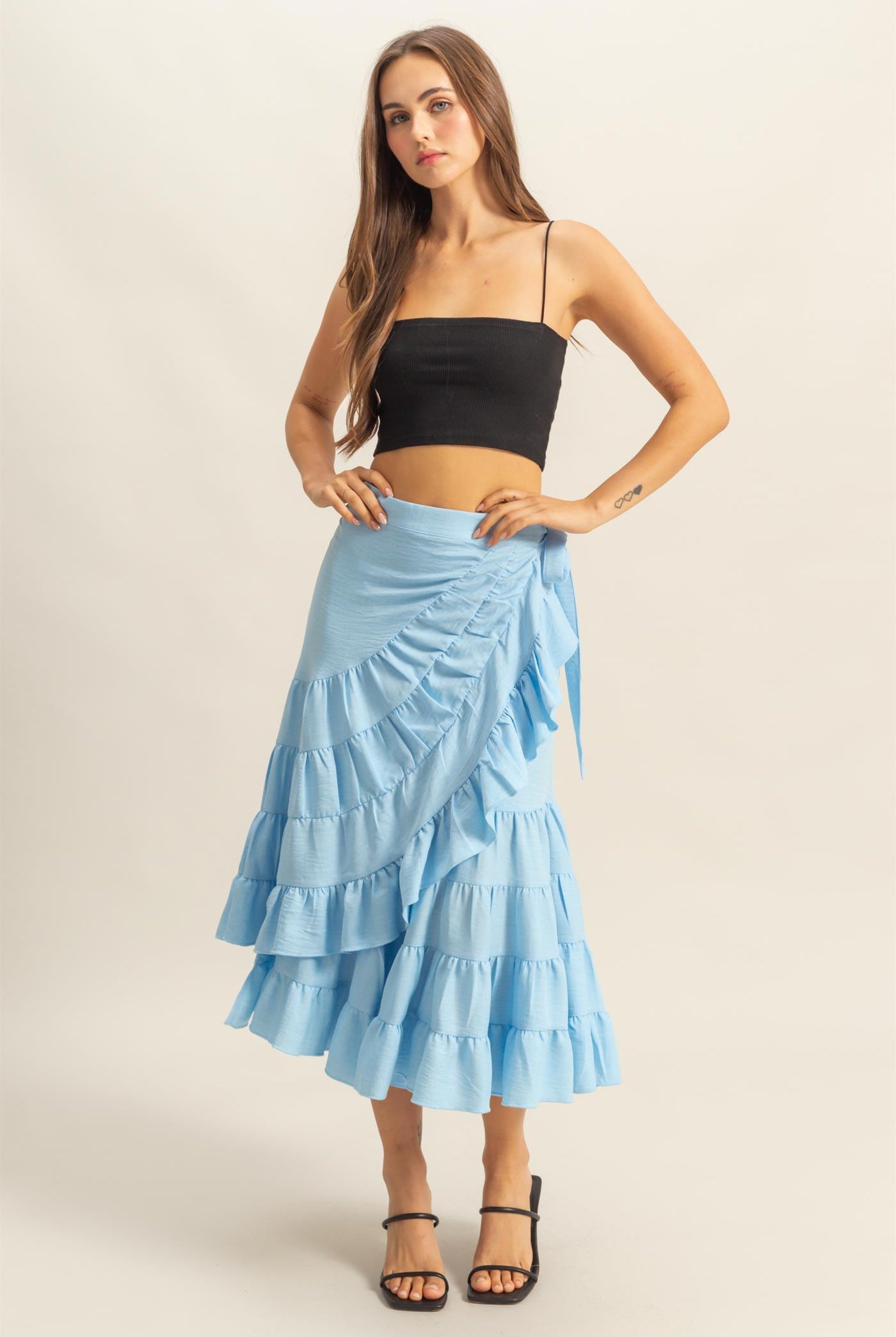 Wholesale High-Waist Tiered Wrap Maxi Skirt Skirts HF24F553 L.BLUE HYFVE