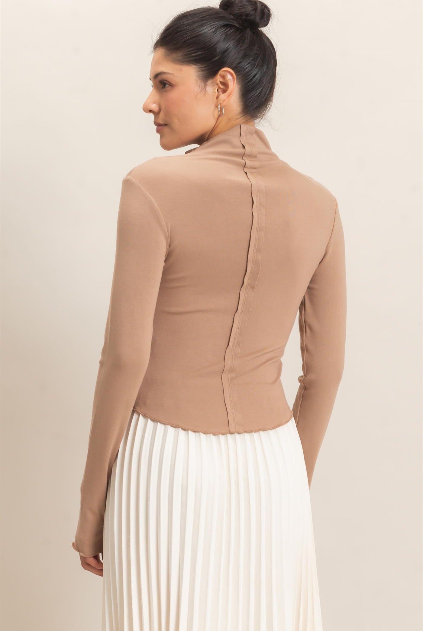 Wholesale Long Sleeve Lettuce Hem Top Clothing Tops HF26F122 LIGHT BROWN HYFVE