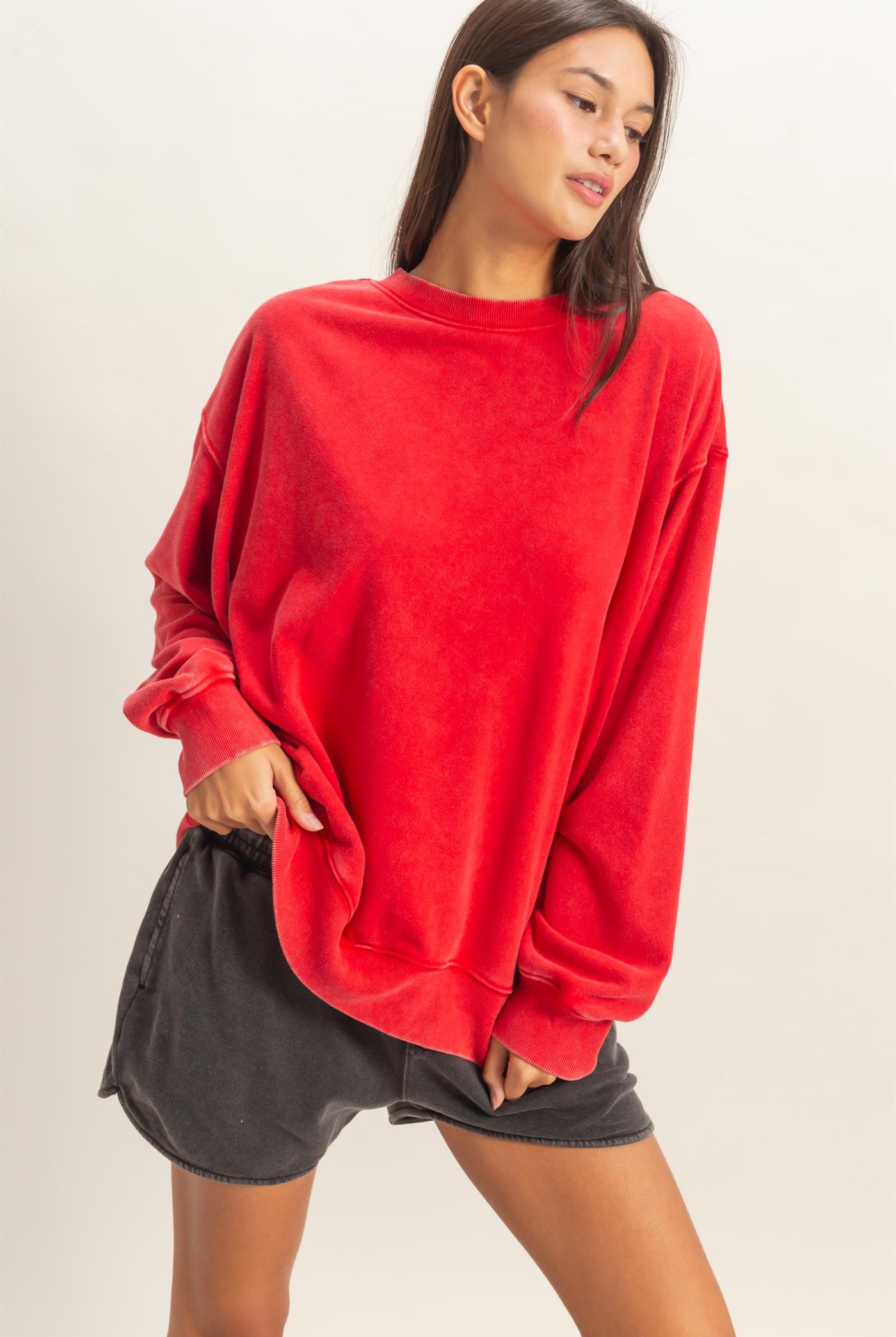 Wholesale Mineral Washed Crew Neck Sweatshirt Sweatshirts DZ26A262 RED DOUBLE ZERO
