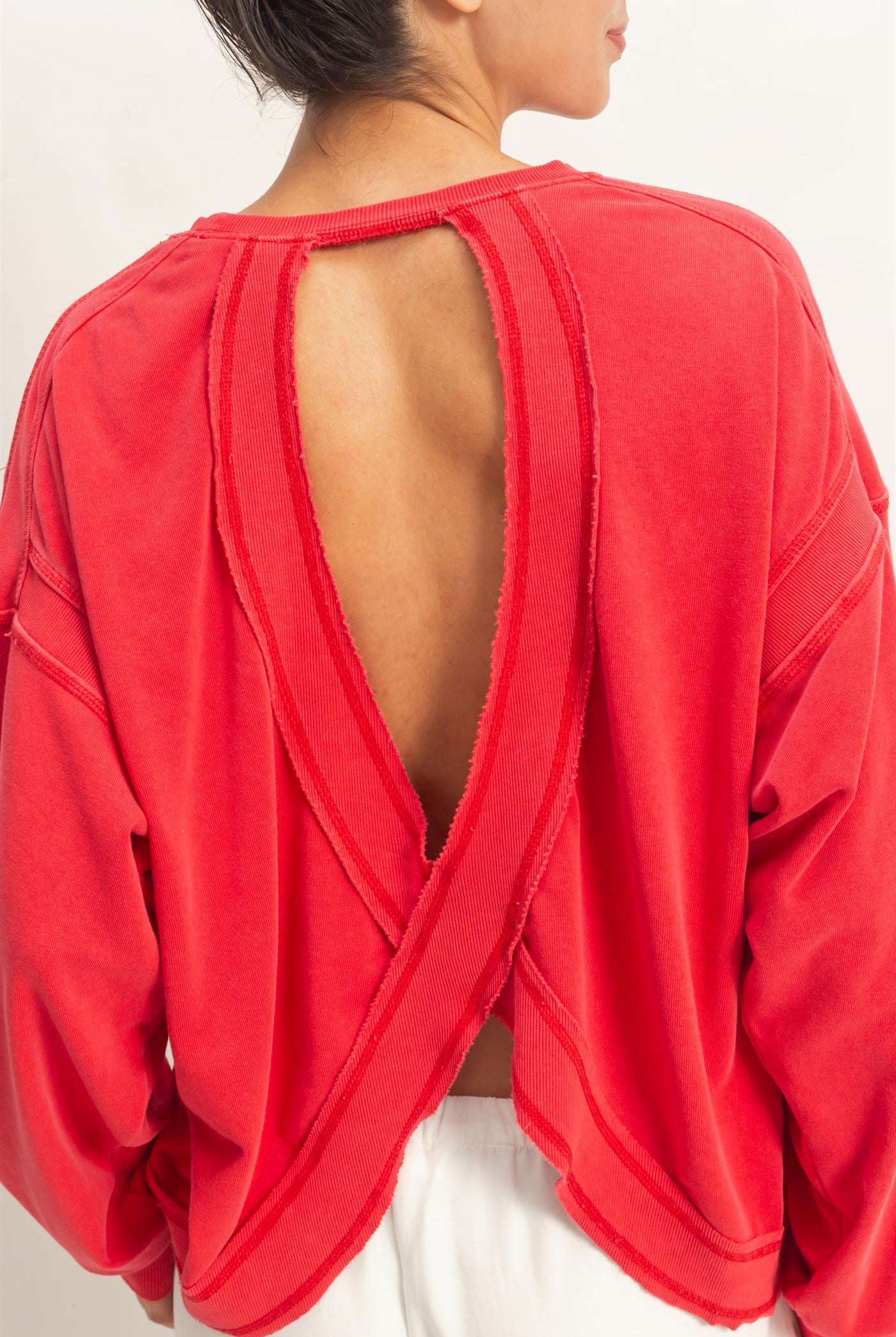 Wholesale Oversized Cross Detail Open Back Sweatshirt Clothing Tops DZ26E050 RED DOUBLE ZERO