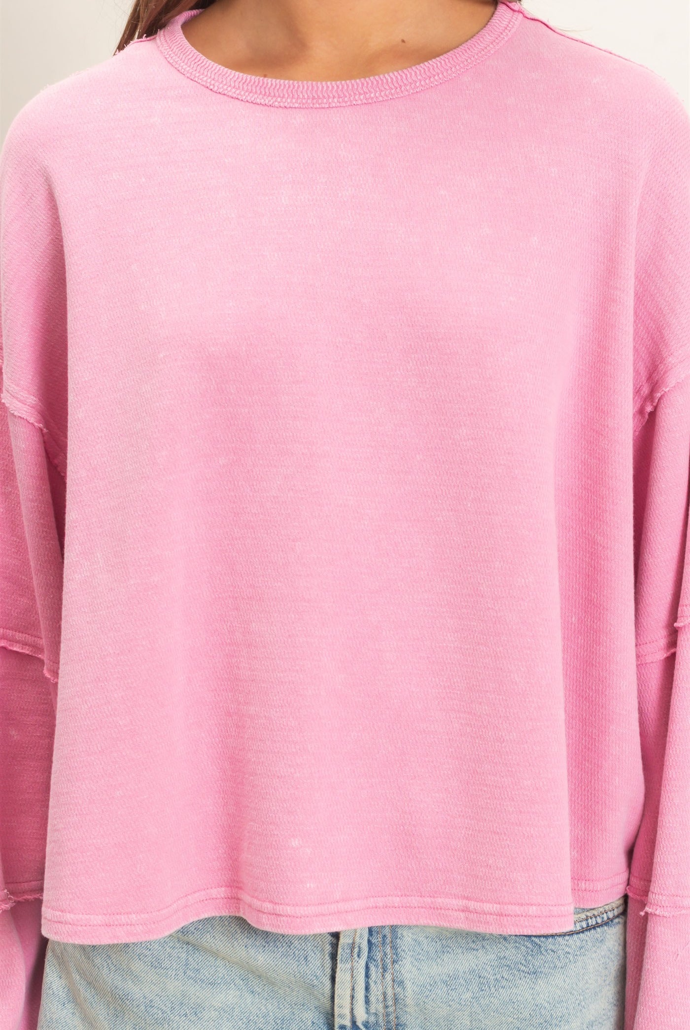 Wholesale Mineral Wash Overzised Raw Edge Crew Neck Top Clothing Tops DZ26E449 PINK DOUBLE ZERO
