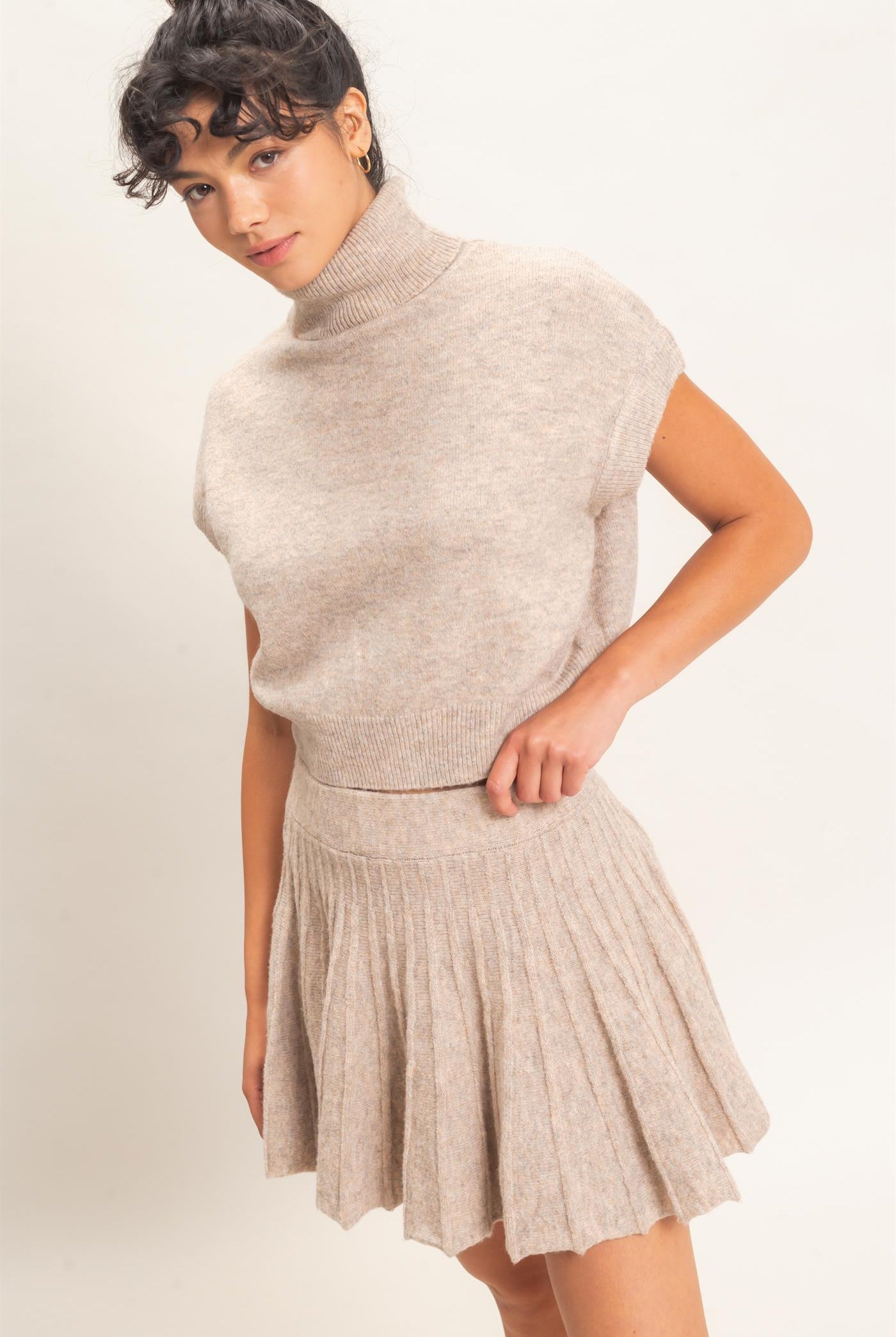 Wholesale Turtleneck Crop Top And Pleated Skirt Set Clothing DZ26C981-SET DARK TAUPE DOUBLE ZERO
