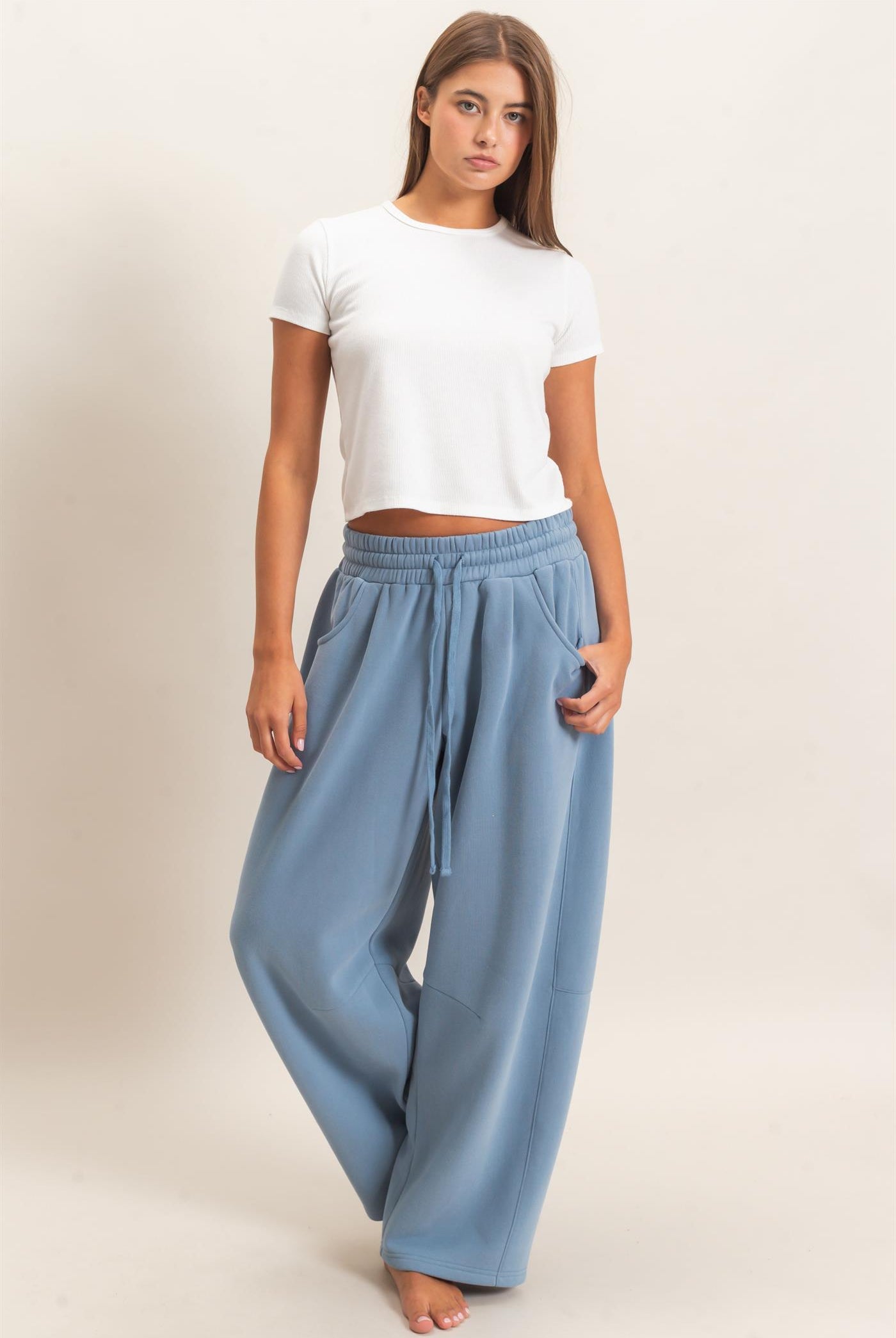 Wholesale Drawstring Waist Barrel Sweatpants Pants DZ26E290 DUSTY BLUE DOUBLE ZERO