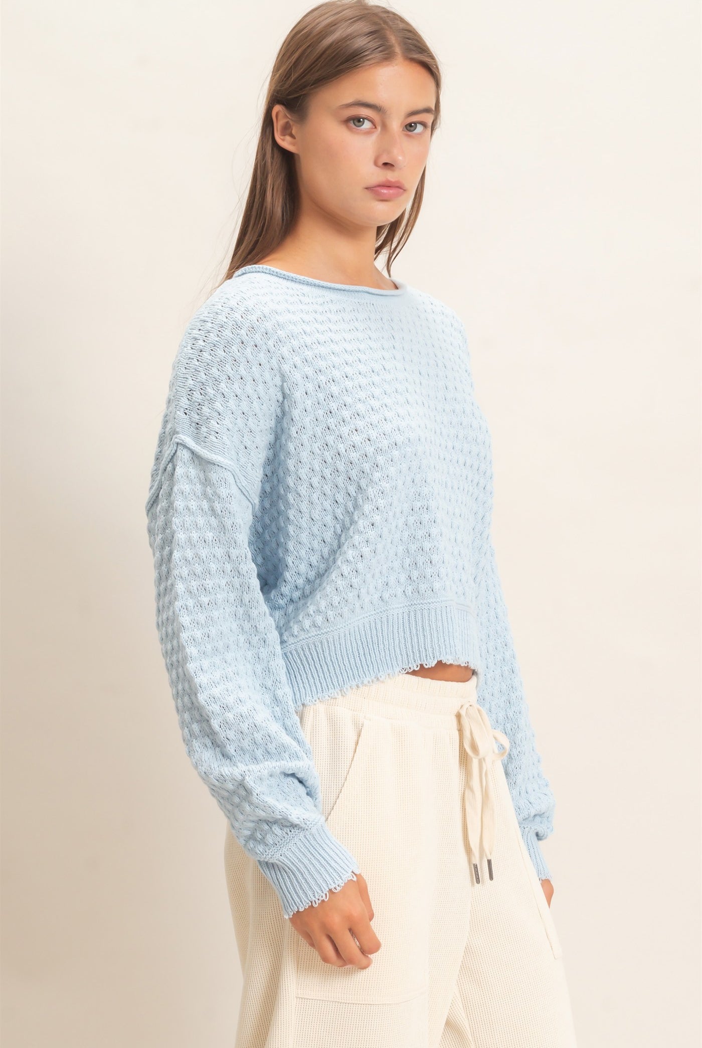 Wholesale Textured Boat Neck Sweater Sweaters DZ26E880 ICE BLUE DOUBLE ZERO