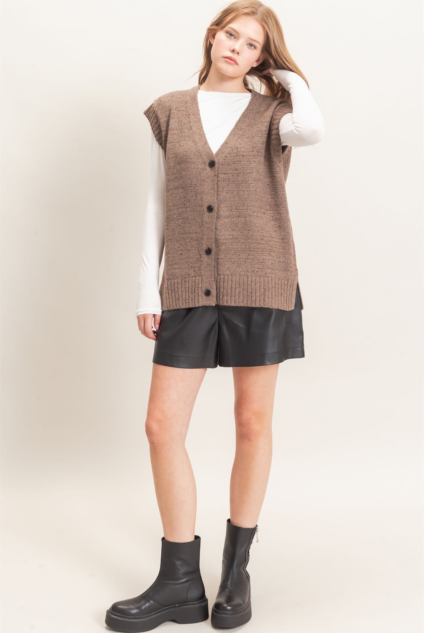 Wholesale V-Neck Knit Vest Sweaters HF26E484 MOCHA HYFVE