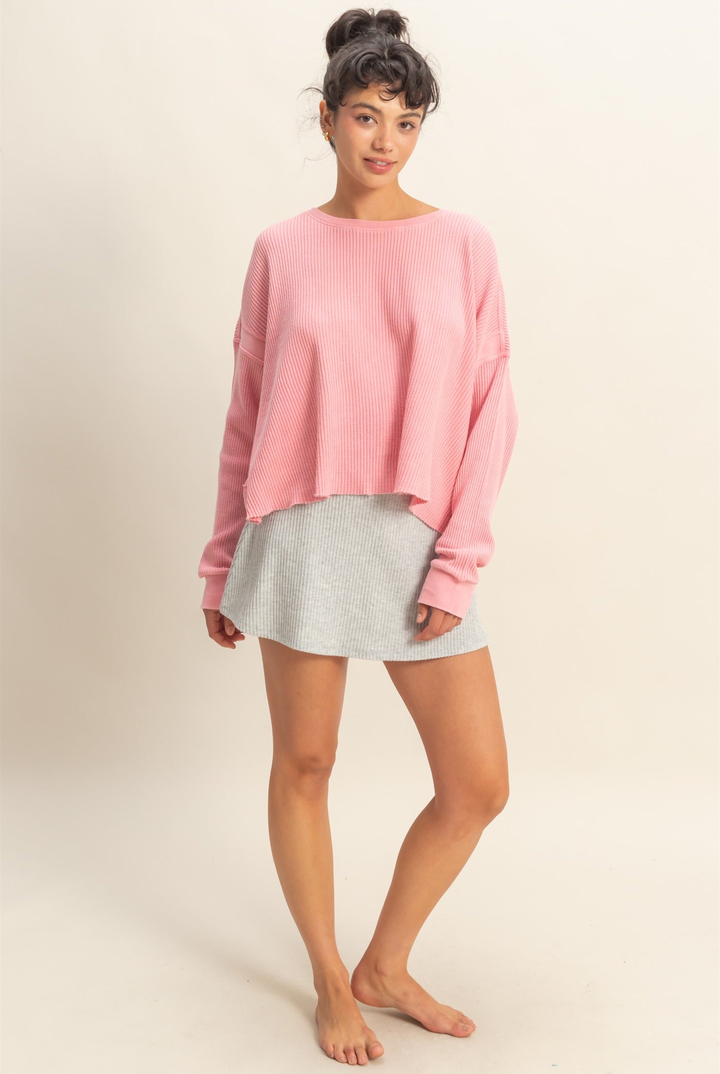 Wholesale Open Back Textured Knit Long Sleeve Top Clothing Tops DZ26A626 TAFFY PINK DOUBLE ZERO