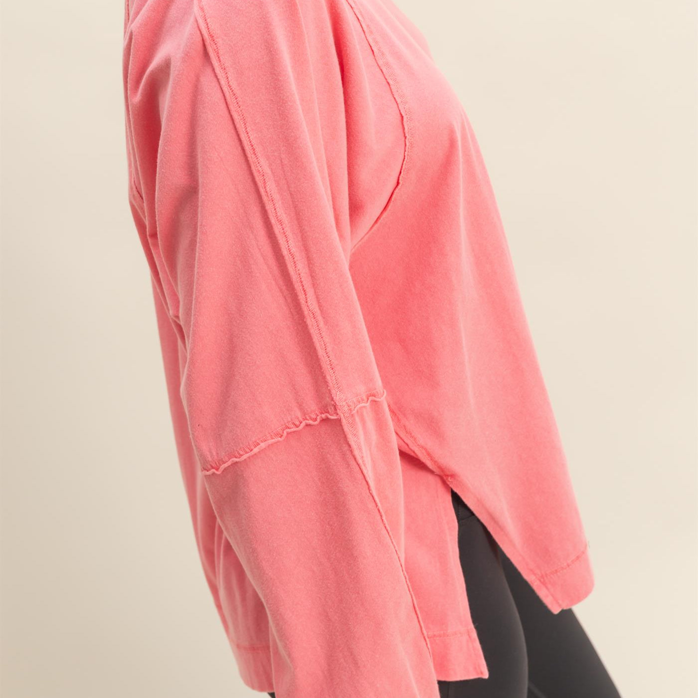 Wholesale Washed Oversized Long Sleeve Top With Slit Clothing Tops DZ25C921 TAFFY PINK HYFVE