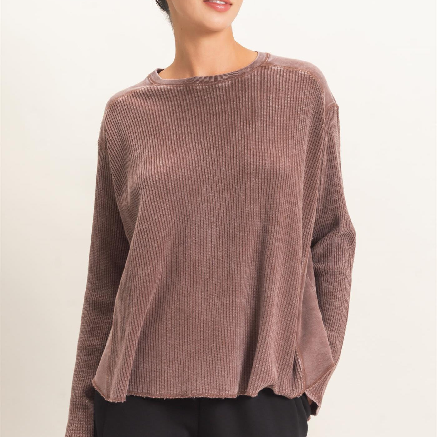Wholesale Oversized Mineral Washed Waffle Knit Top Clothing Tops DZ26E654 DARK BROWN DOUBLE ZERO