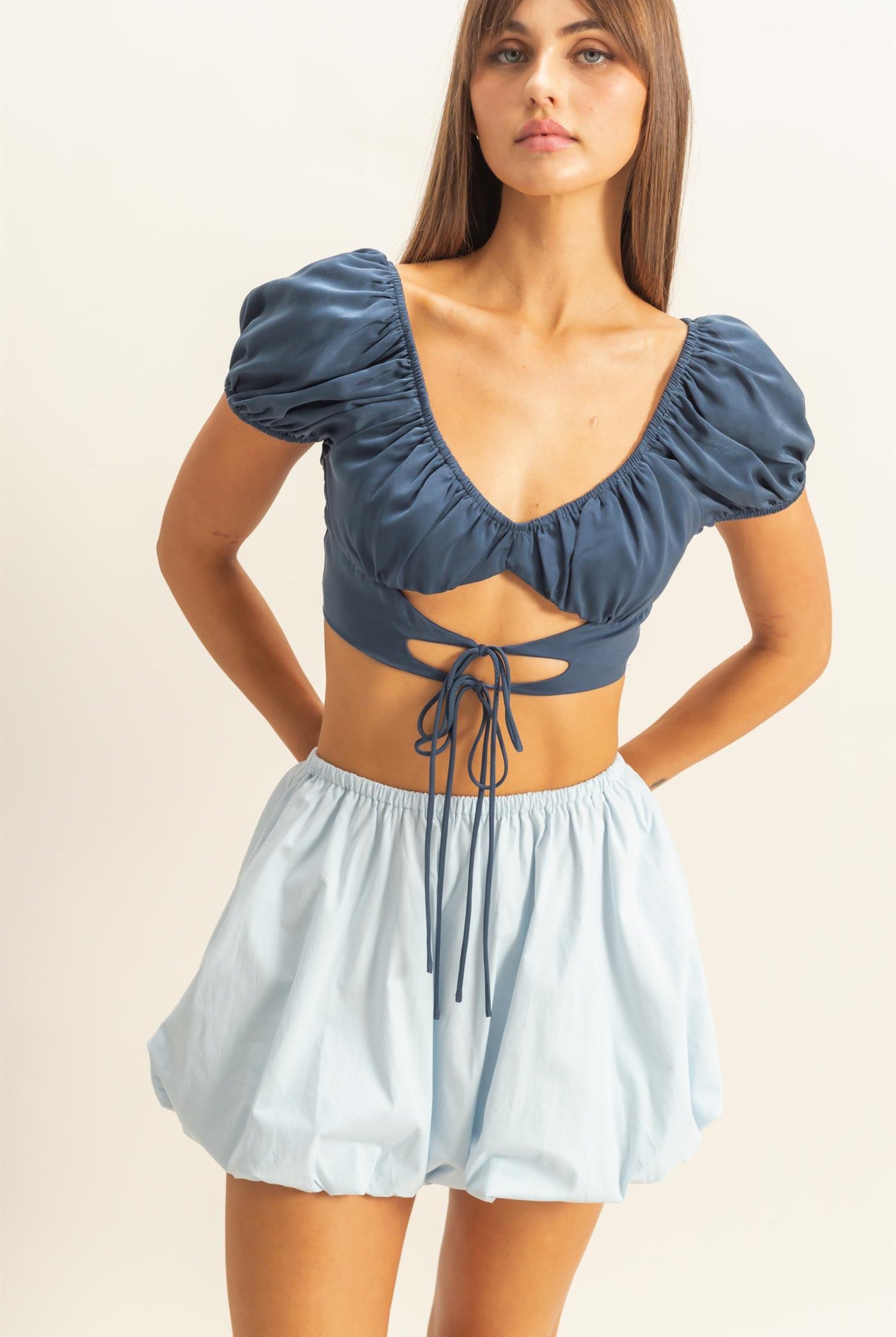 Wholesale Too Chic Cutout Crop Top Clothing Tops HF22C786 NAVY HYFVE