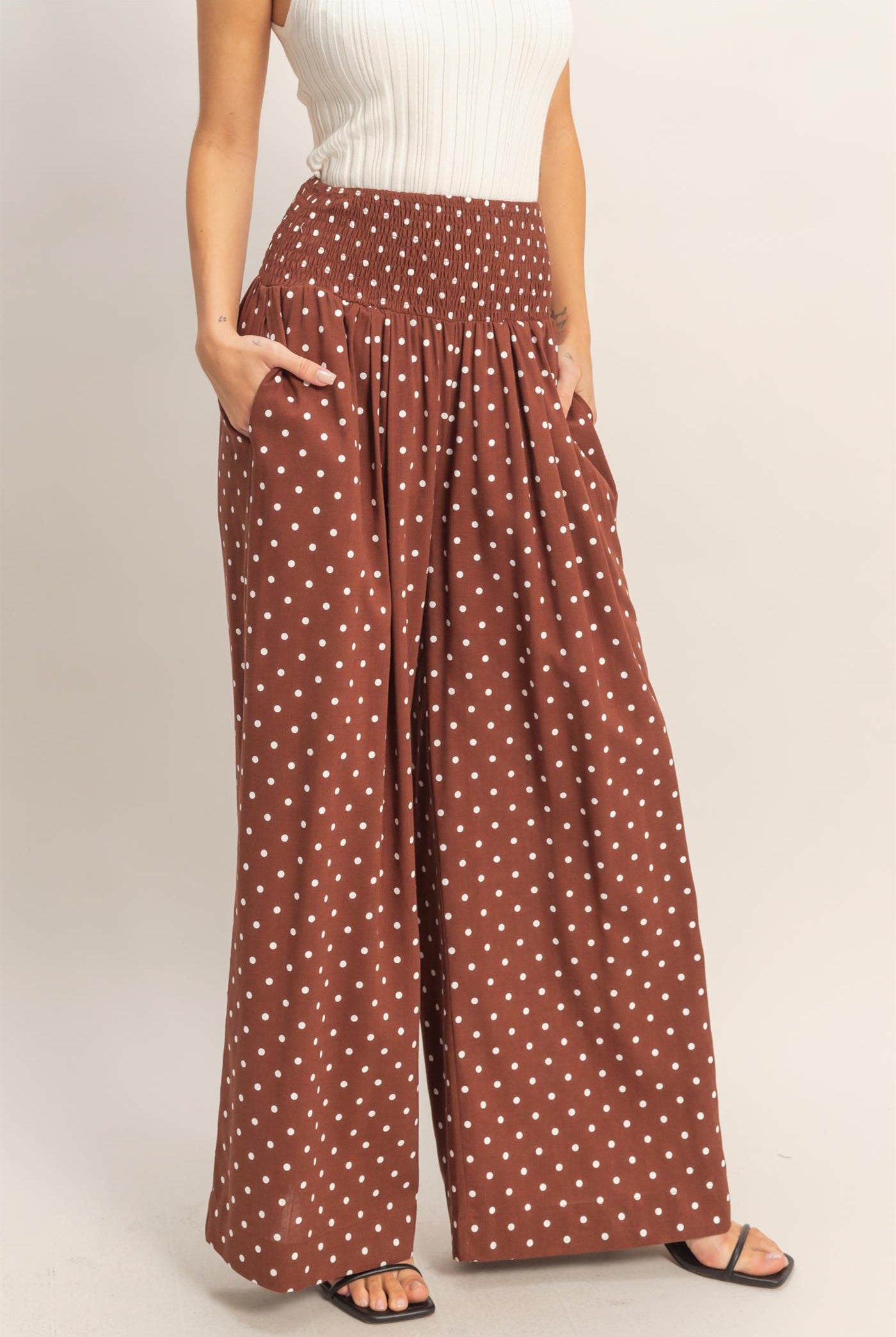 Wholesale Polka Dot Elastic Wide-Leg Pants Pants HF26C280 CHESTNUT HYFVE