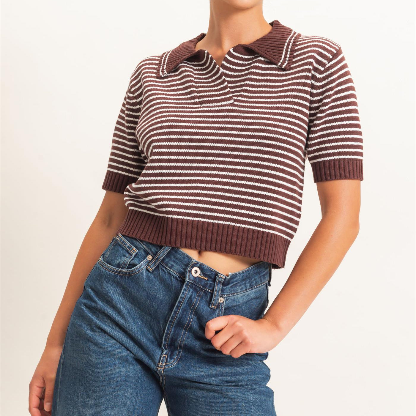Wholesale Striped Short Sleeve Collar Knit Top Clothing Tops DZ26E261 DARK BROWN DOUBLE ZERO