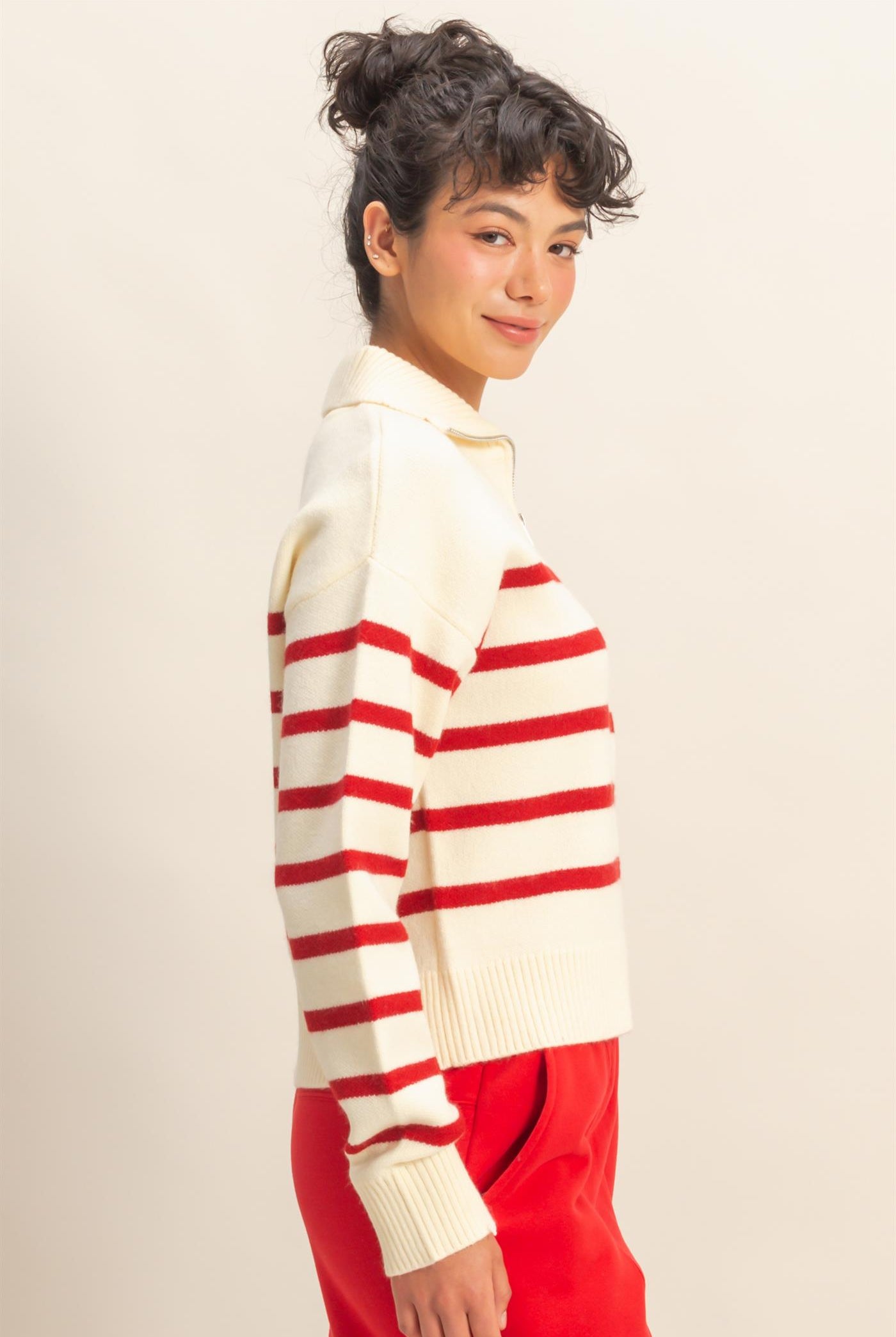 Wholesale Striped Half Zip Sweater Sweaters DZ25E282 CREAM/RED DOUBLE ZERO