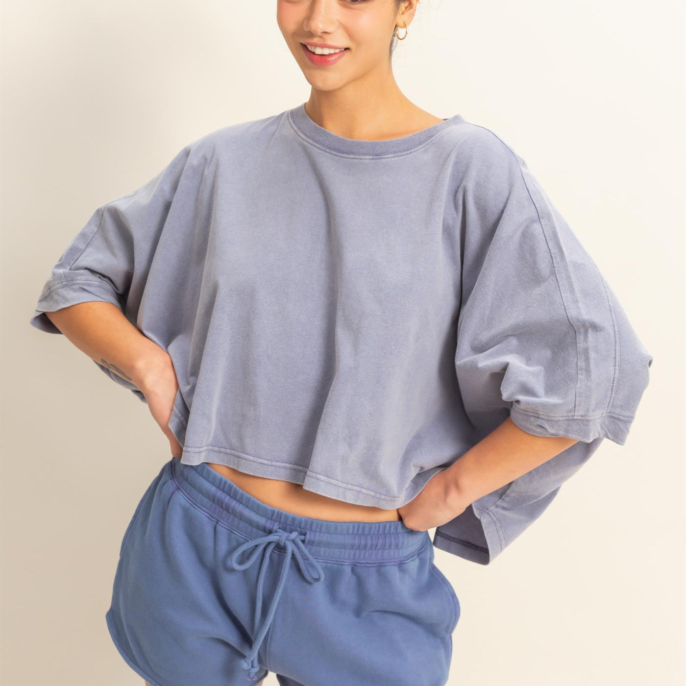 Wholesale Flowy Bat Wing Sleeves Knit Top Clothing Tops DZ25A797 DUSTY INDIGO DOUBLE ZERO