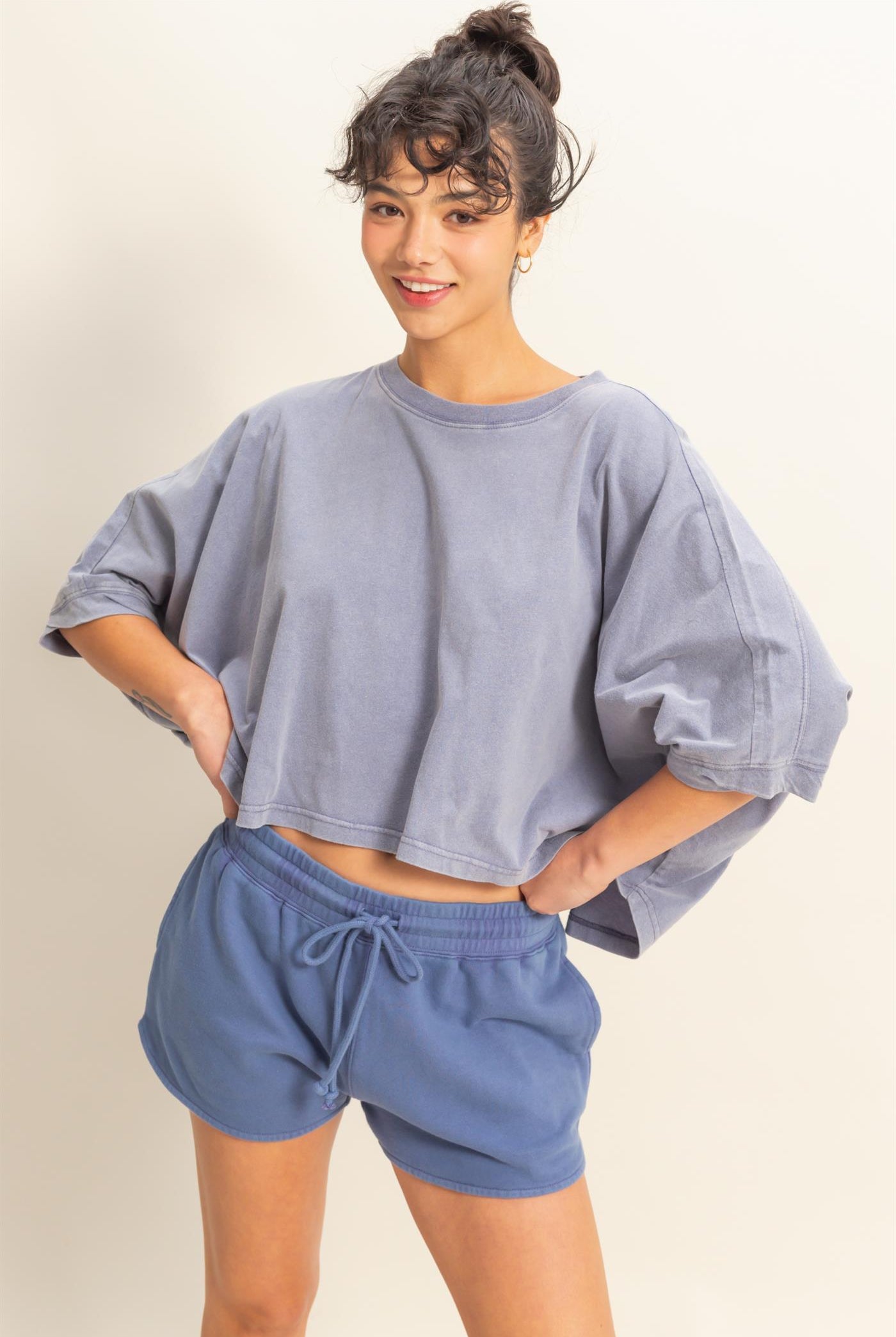 Wholesale Flowy Bat Wing Sleeves Knit Top Clothing Tops DZ25A797 DUSTY INDIGO DOUBLE ZERO