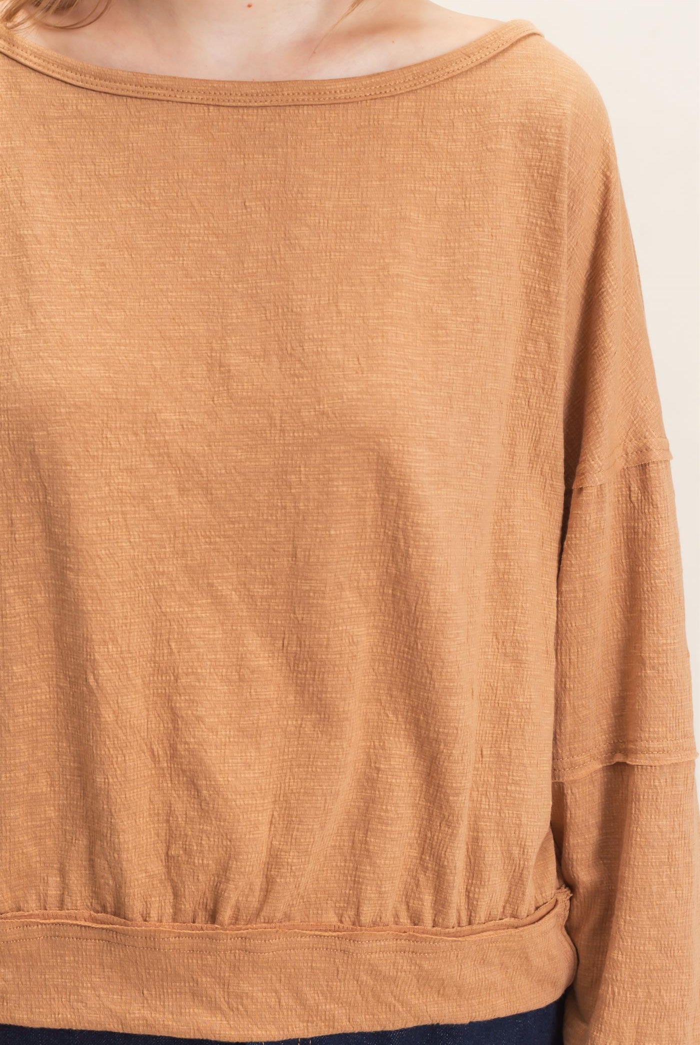 Wholesale Relaxed Boat Neck Long Sleeve Top Clothing Tops HF25F340 LIGHT BROWN HYFVE