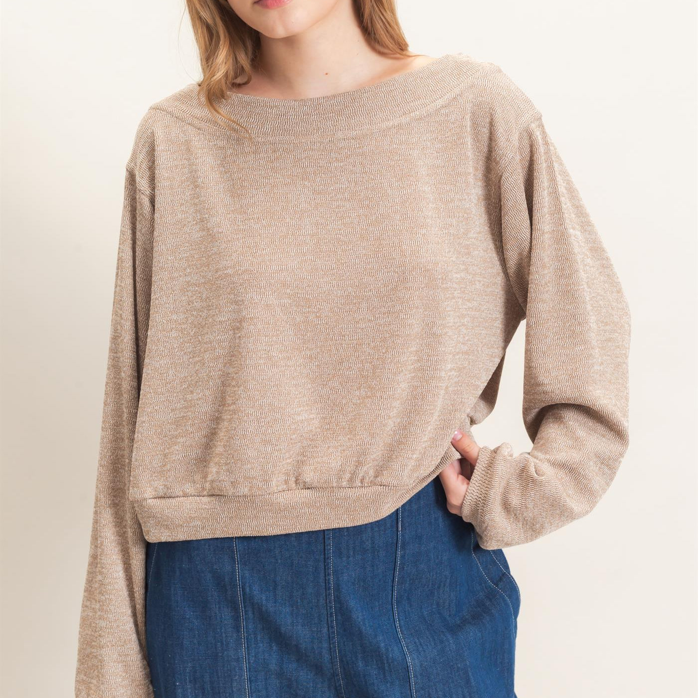 Wholesale Off Shoulder Knit Sweatshirt Blouses HF26F028 TAUPE HYFVE