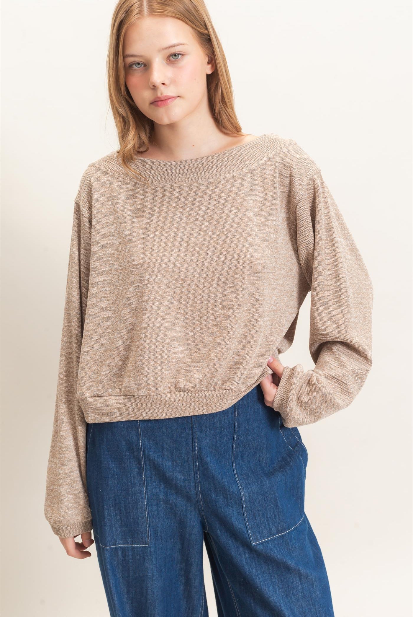 Wholesale Off Shoulder Knit Sweatshirt Blouses HF26F028 TAUPE HYFVE