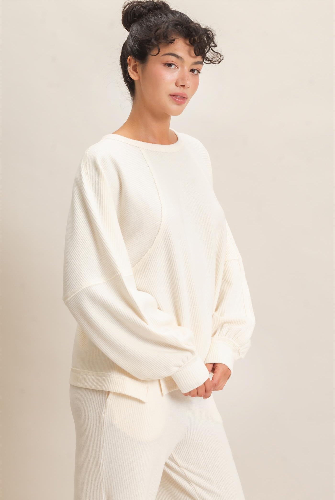 Wholesale Brushed Waffle Long Sleeve Top Clothing Tops DZ26F312 CREAM DOUBLE ZERO