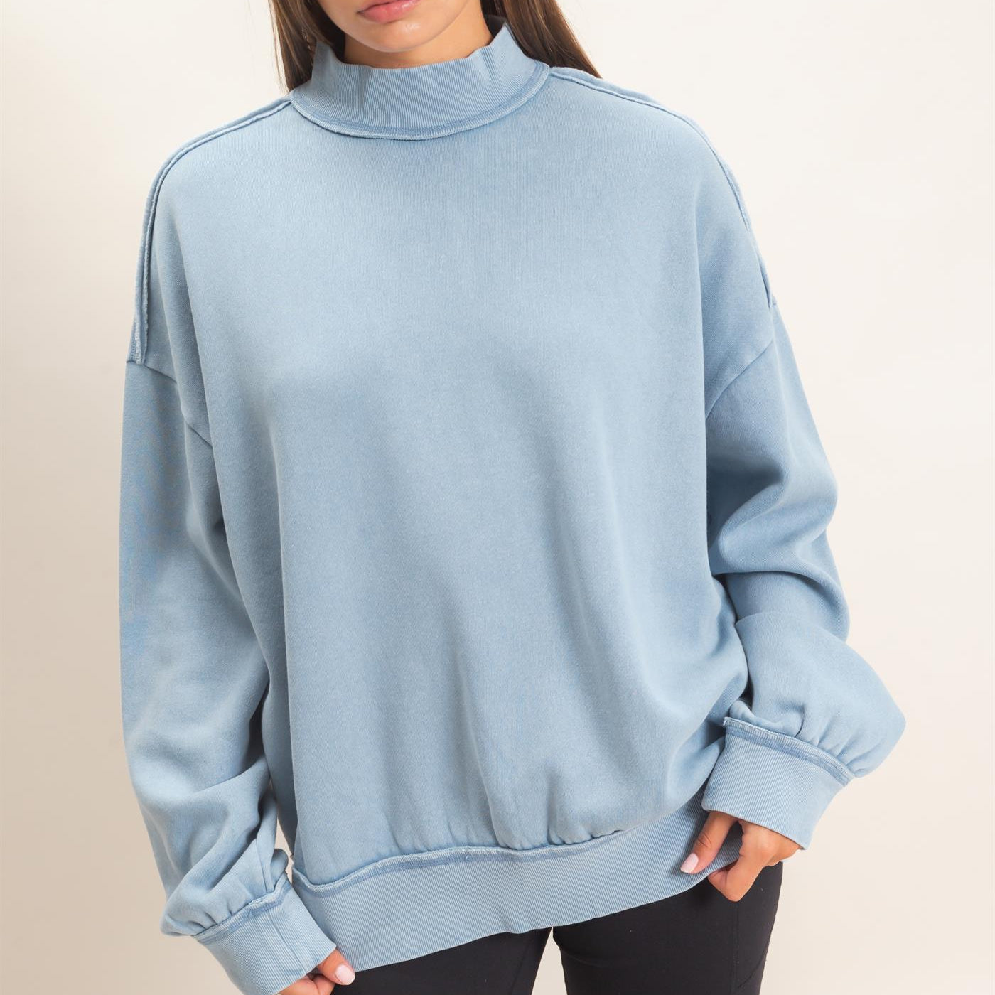 Wholesale Acid Washed Mock Neck Sweatshirt Sweatshirts DZ26E656 DUSTY BLUE DOUBLE ZERO