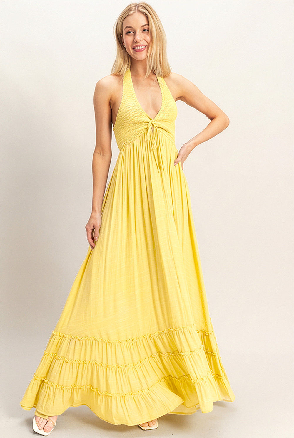 Wholesale Halter Neck Smocked Maxi Dress Dresses HF26C287-D LIGHT YELLOW HYFVE