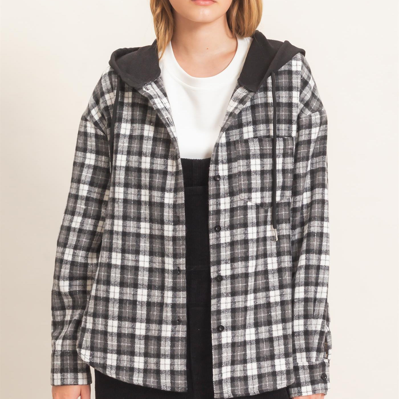 Wholesale Hooded Plaid Button-Up Shirt Shirts HF26F018 BLACK HYFVE