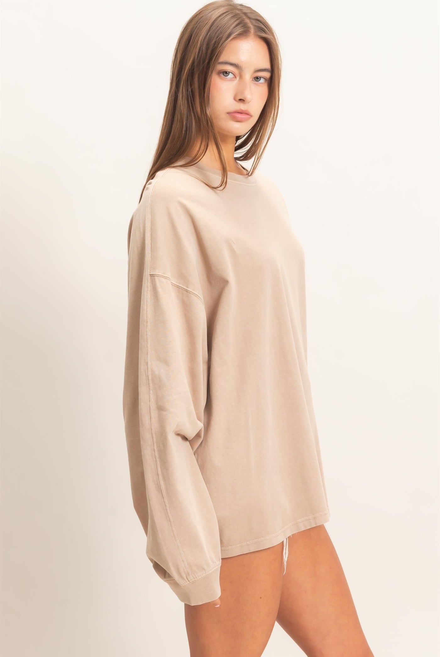 Wholesale Pigment Dye Oversized Long Sleeve Top Clothing Tops DZ26A825 TAUPE DOUBLE ZERO