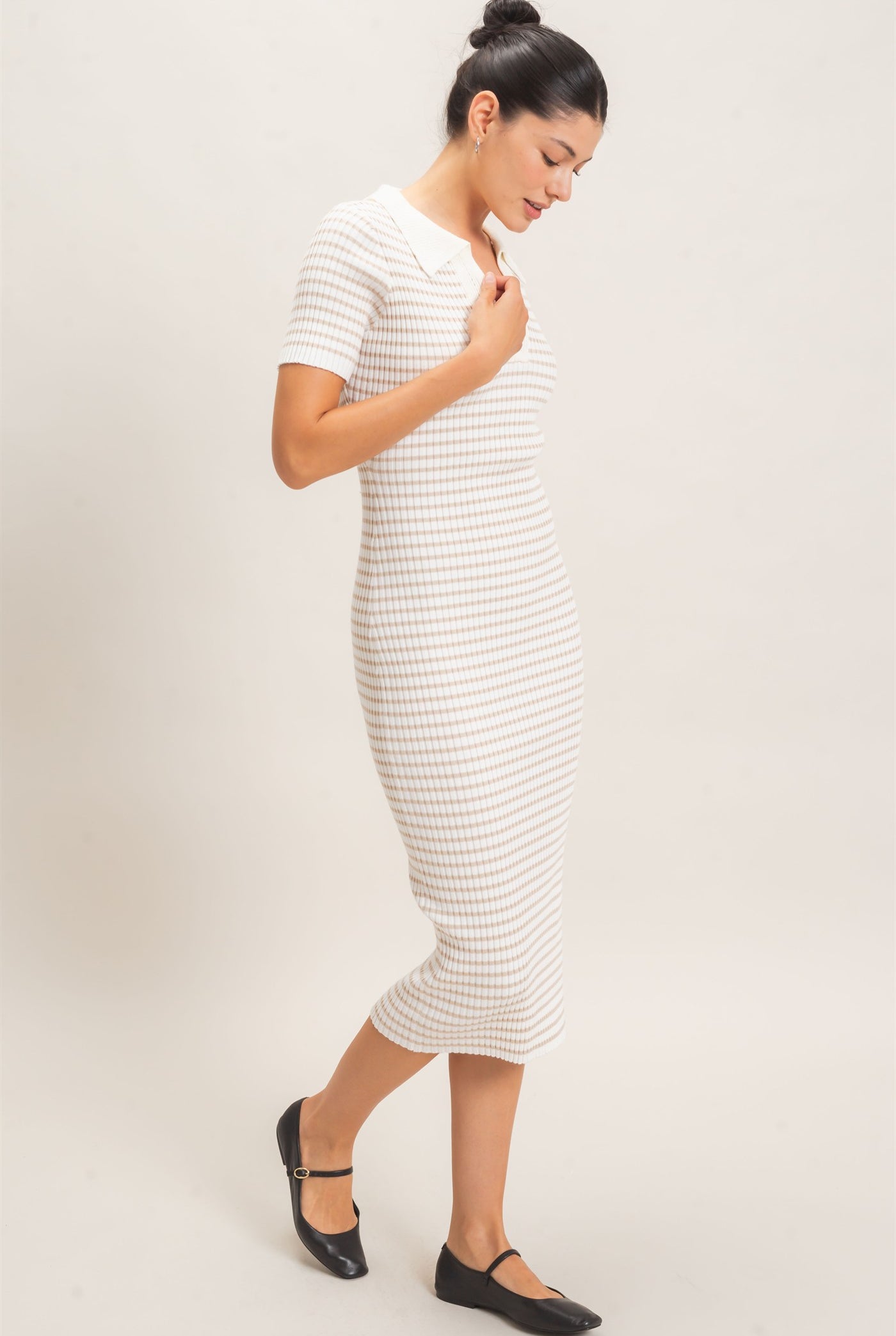 Wholesale Ribbed Collared Midi Dress Dresses HF26E216 CREAM HYFVE