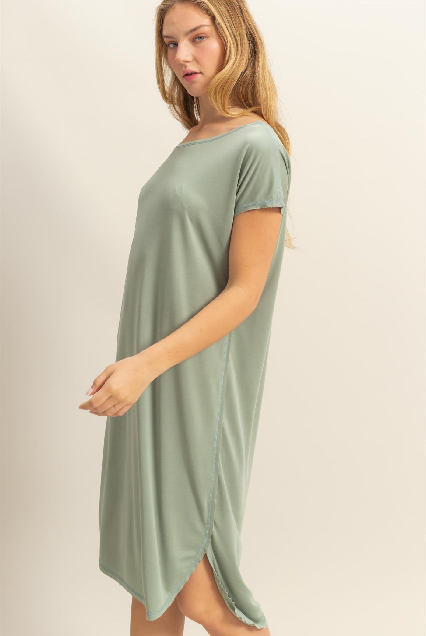 Wholesale Soft High Low Midi Dress With Round Hem Dresses DZ25E307 SAGE GREEN DOUBLE ZERO