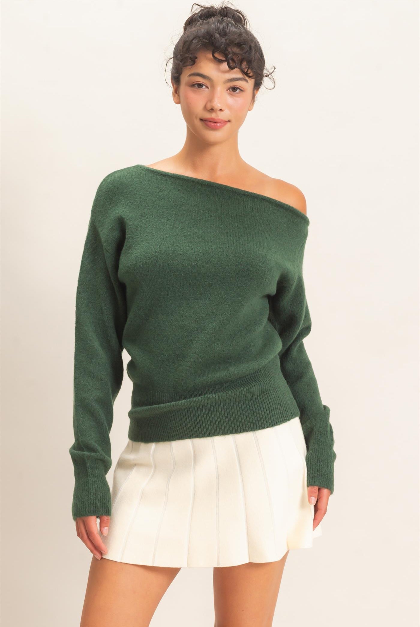 Wholesale Off The Shoulder Sweater Top Sweaters DZ26F290 DARK GREEN DOUBLE ZERO